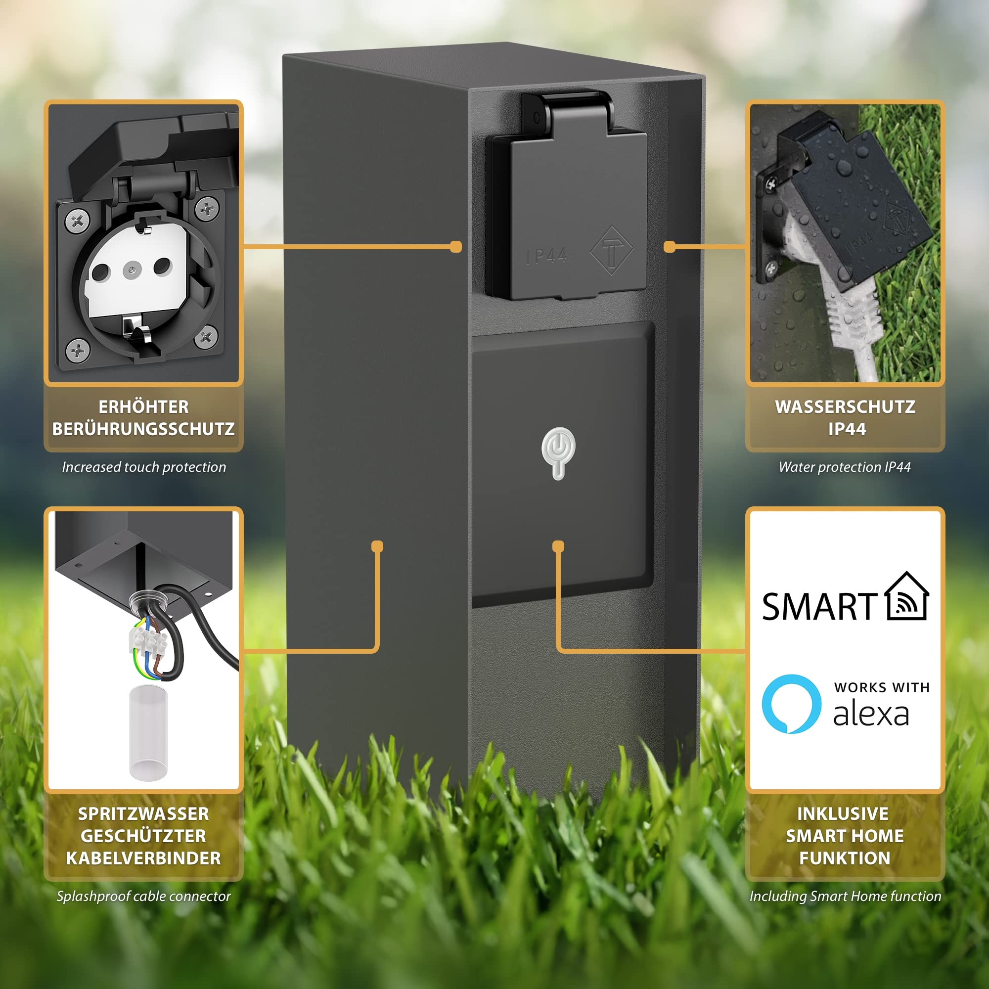 Colonne De Prises Connectée POMI, 3 Prises IP44, Wi-Fi, Compatible Alexa, Noir, Avec Piquet Terre, 85x230x120 Mm
