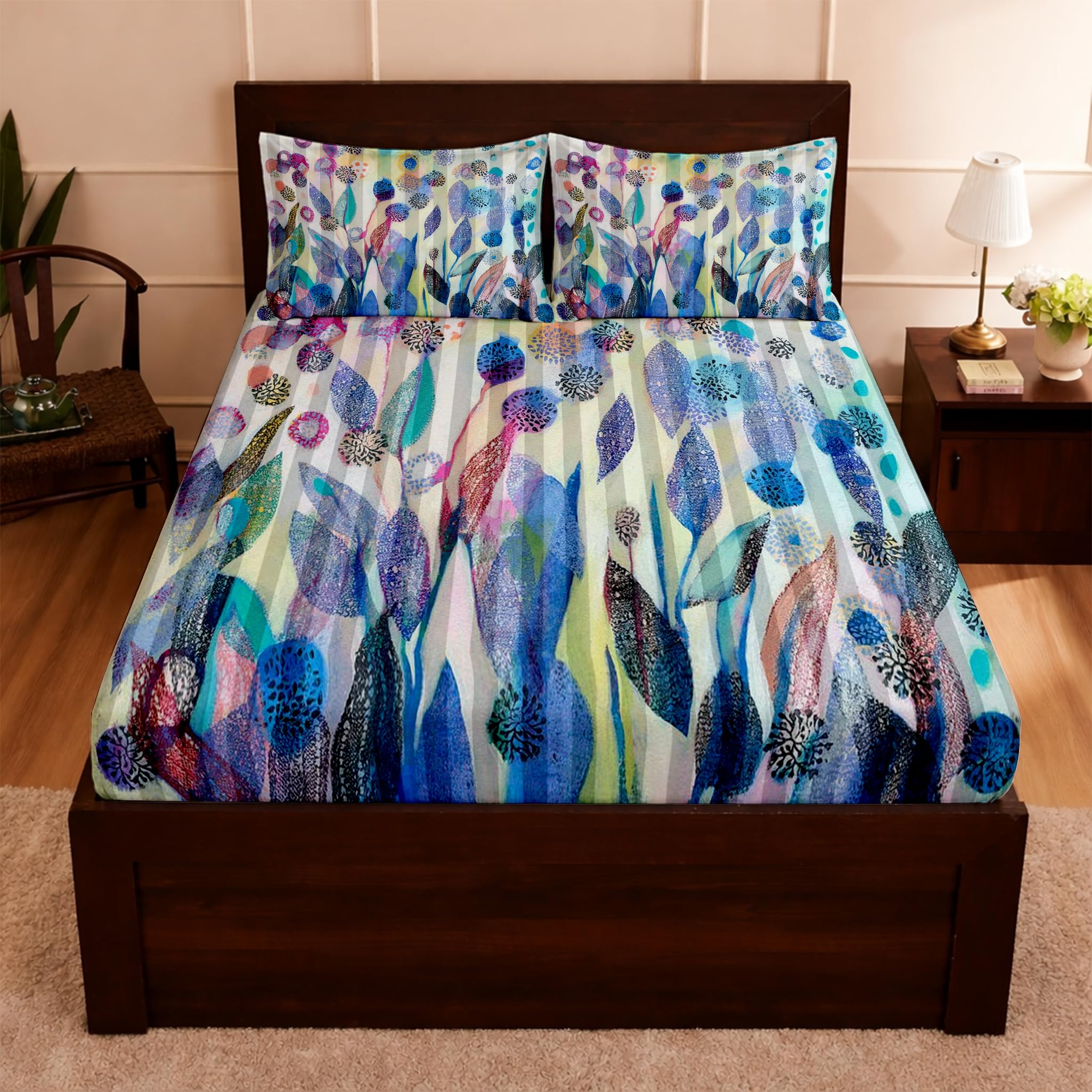 Raymond Inspired Digital Print 210 TC Stripe Bedsheet with 2 Pillow Covers | Azure Botanical Dreams King Size Bedsheet with Pillow Covers | 108x108 Inch Cotton Feel Bed Sheet | for Double Bed-image-1