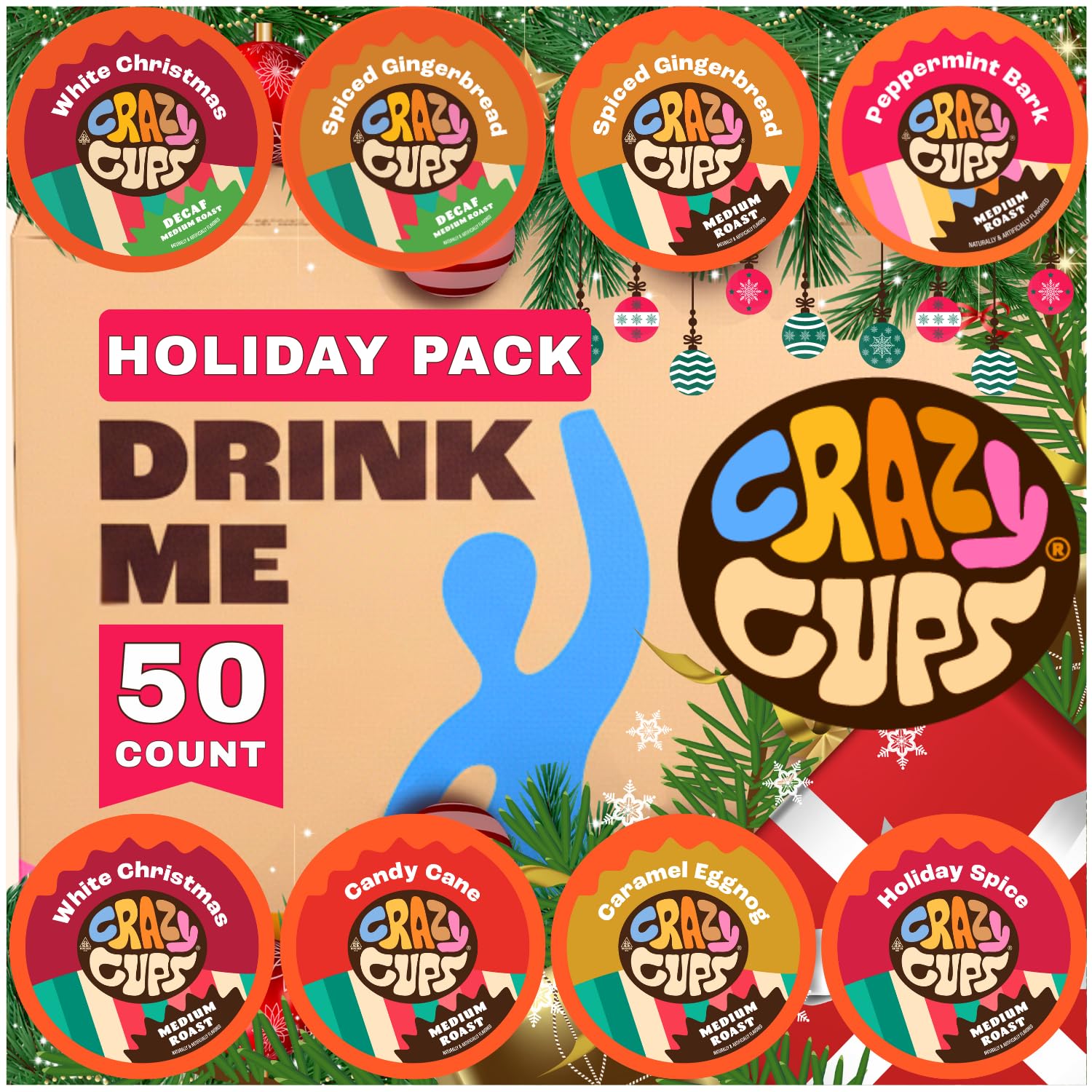 Christmas Coffee Variety Pack, Holiday Sampler of Single Serve Flavored Coffee Pods For Keurig K Cup Machines, 50 Count - Great Holiday Gift