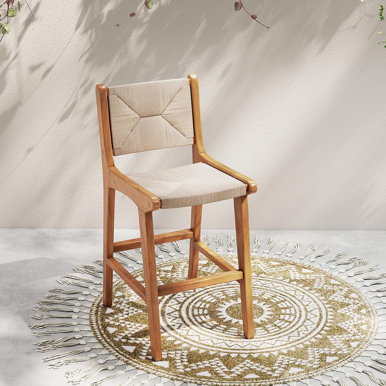 Tangkula Outdoor Counter Height Bar Stool Set of 4, Woven Paper Rope Patio Teak Wood Armless Barstool, Outside High Bistro Chair with Back and Footrest for Balcony, Deck, Garden and Yard