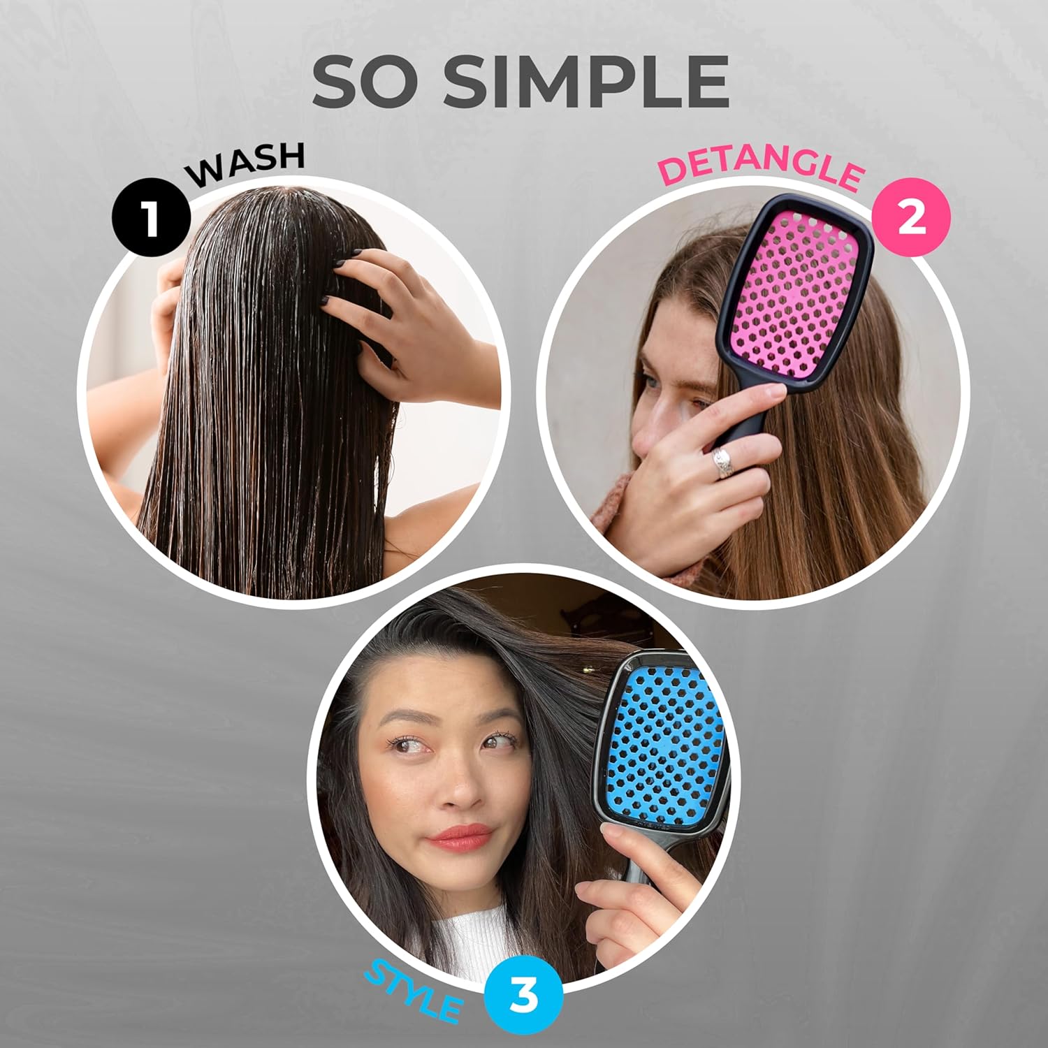 FHI Heat UNbrush Detangling Brush (3-Pack Bundle) — Hair Brush for All Wet/Dry Hair Types — Pain-Free Detangler Brush w/DuoFlex Anti Static Bristles — Lightweight Travel Hair Brush (Original Black)
