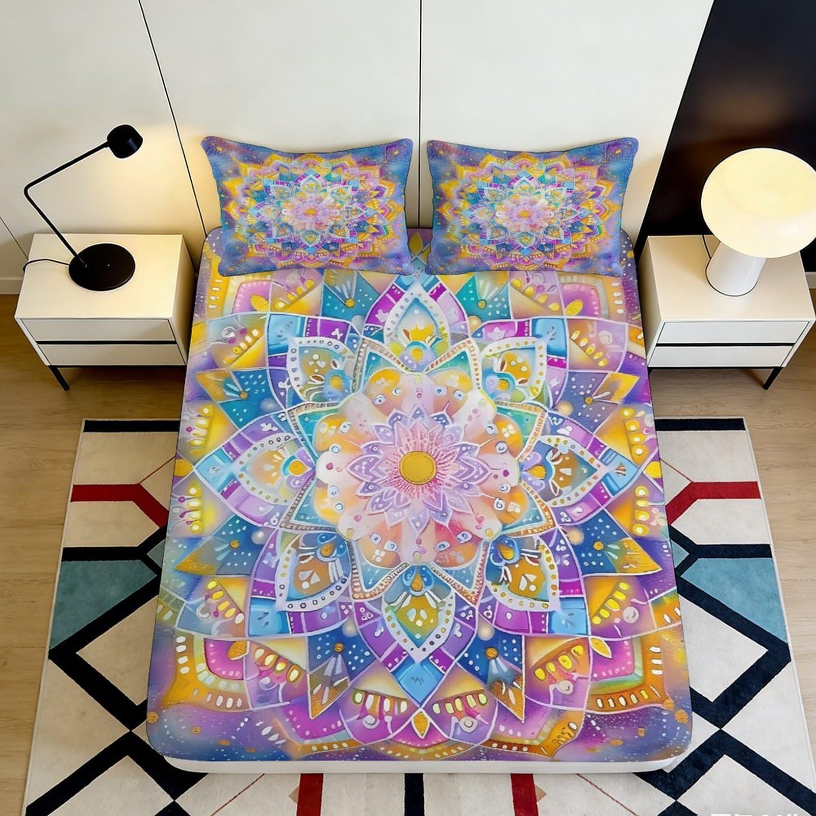 3D Printed Mandala Flower Fitted Sheet Microfiber Soft Easy Care Boho Geometric Mattress Cover for Bedroom Dorm Decor 180x200x25cm