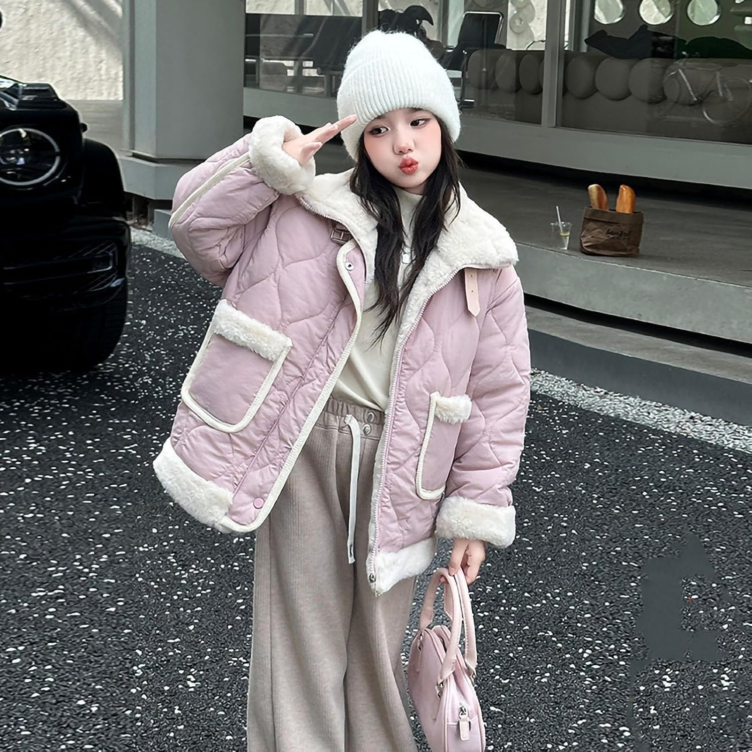 Girls Sherpa Lined Puffer Jacket Down Winter Parka Coats Kids Fleece Warm Outerwear with Pockets 4-13 Years