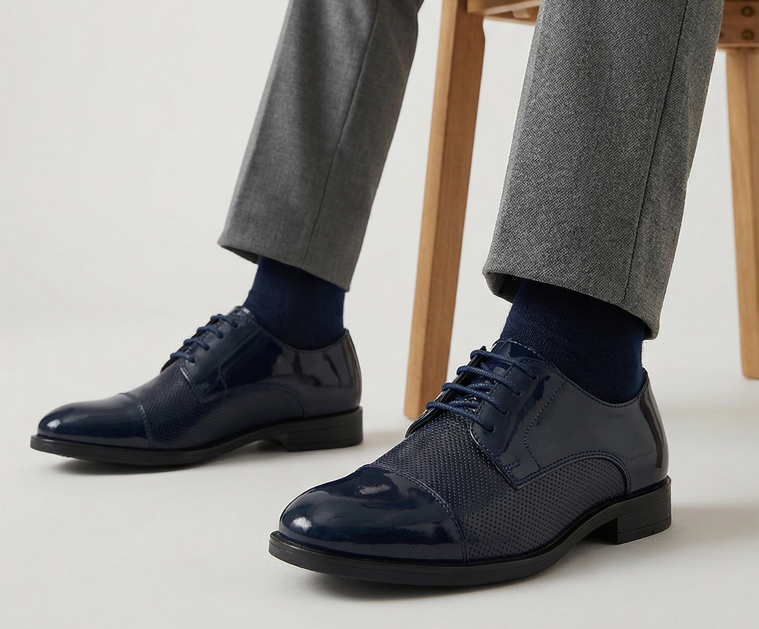SIRRI Zapatos de Vestir niño con puntilla, de Charol Azul Marino y Cordones, para Boda Formal y graduación Taille 36