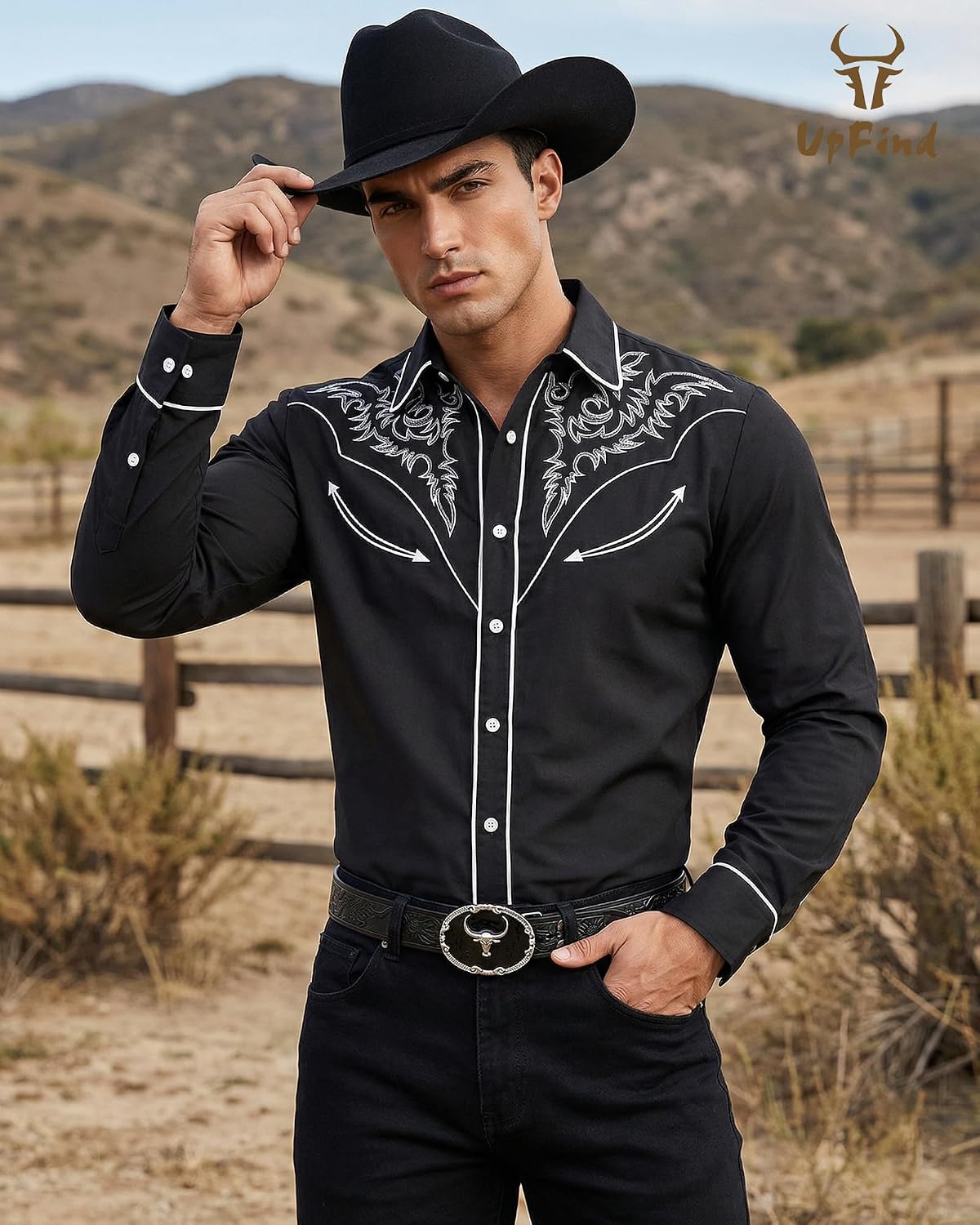 Men's Cowboy Shirt Embroidered Western Shirts Long Sleeve Slim Fit Button Down Shirt Casual Work Country Rodeo Outfit