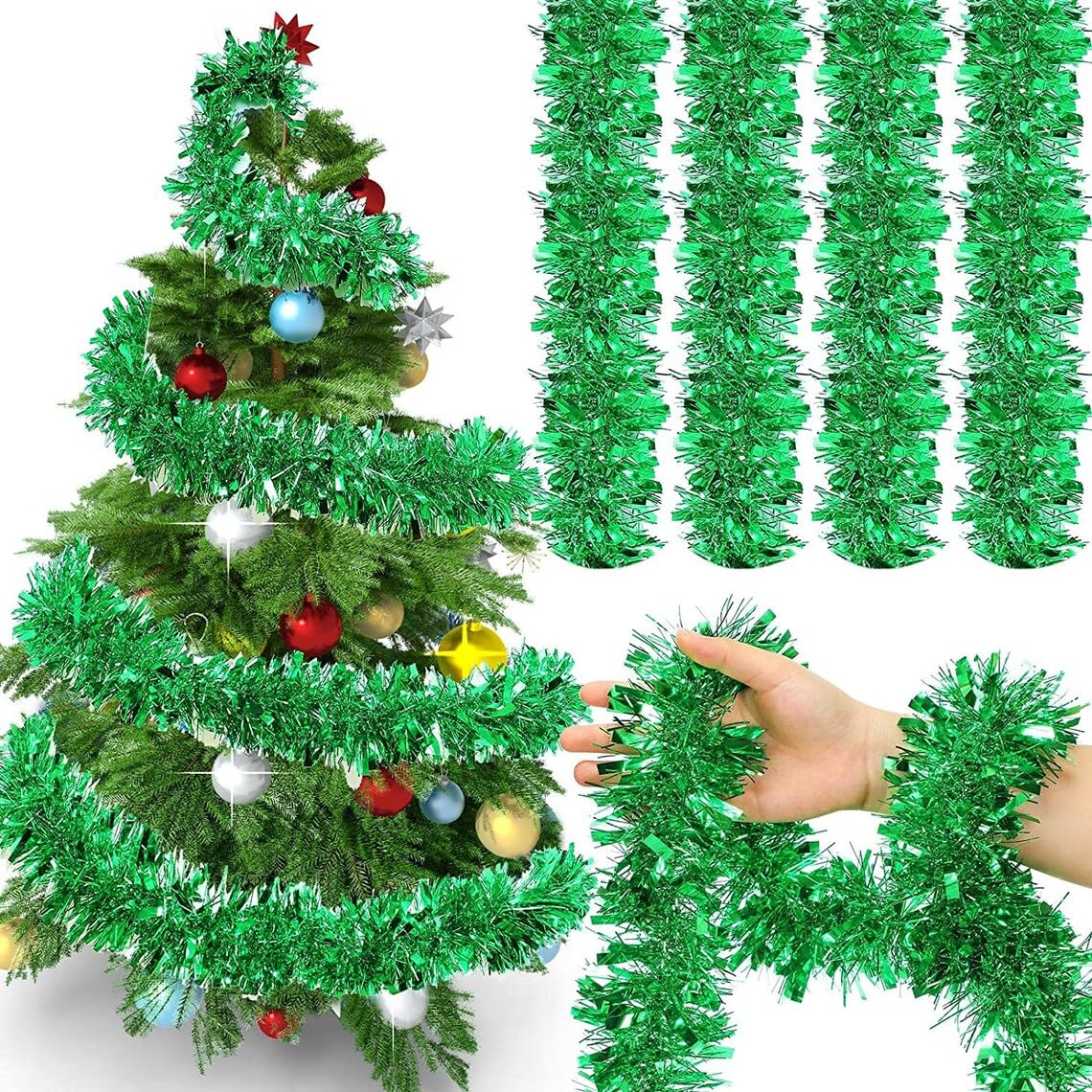 KRIWIN 6 pcs Artificial Tinsel Garlands Length-5.5 ft for Christmas Decor, Home Office Party Decoration (Green)