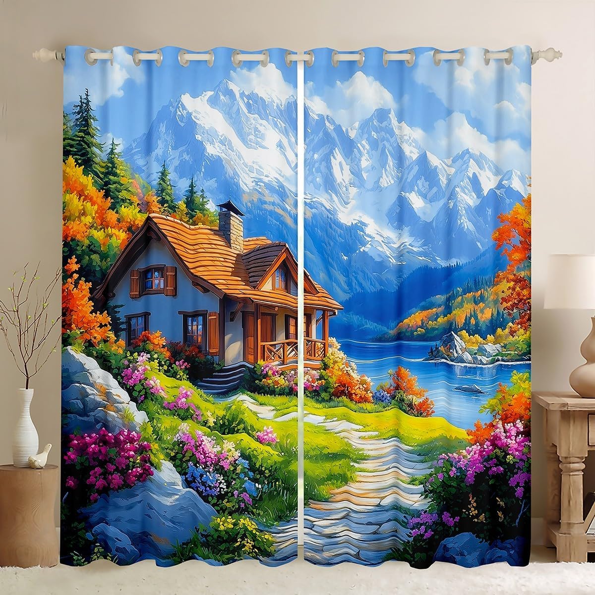 Feelyou Beautiful Scene Curtains for Bedroom Living Room (2 Panels, 38 x 45 Inch) Natural Theme Blackout Curtain Botanical Floral Printed Darkening Drapes Ice Mountain Window Treatments Azure