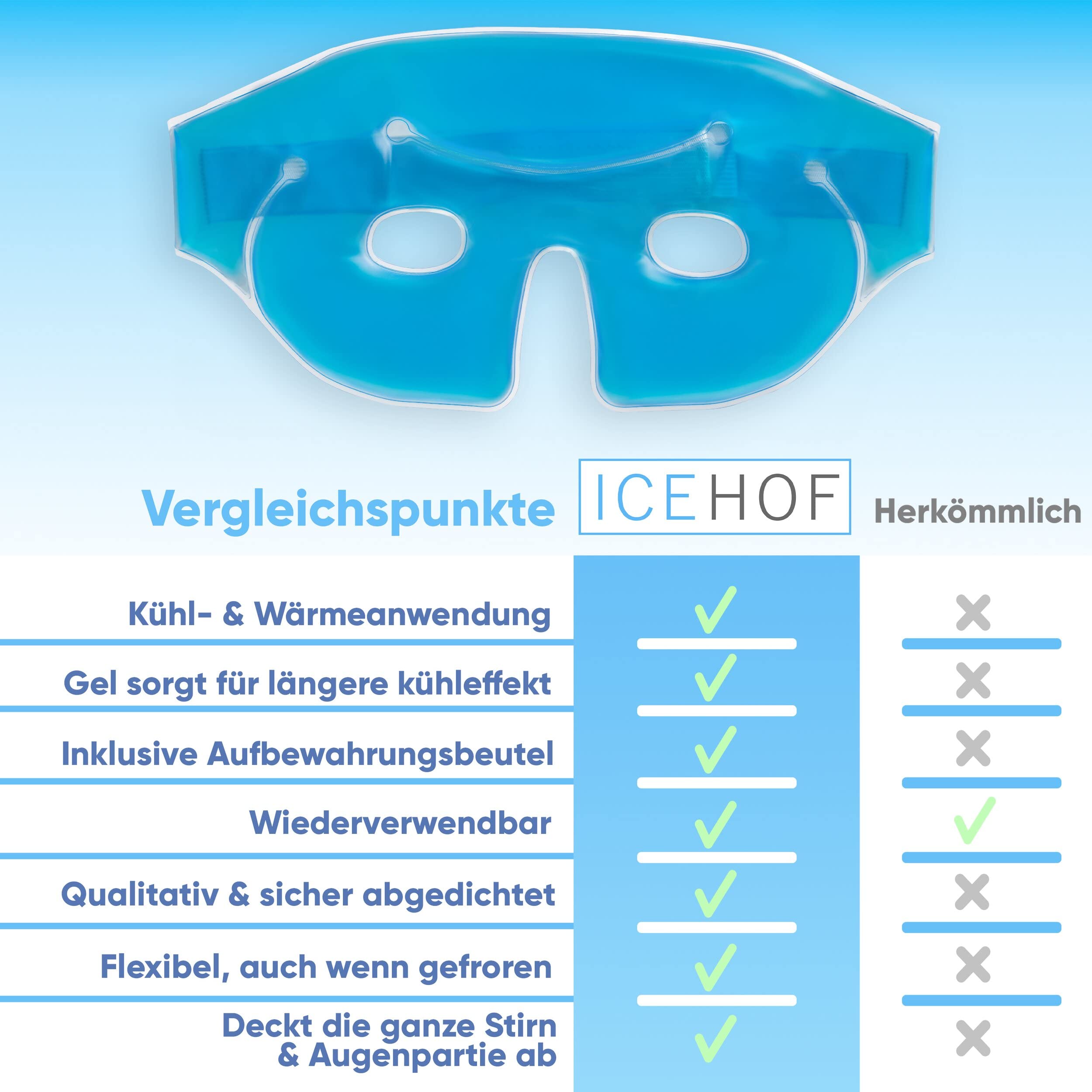 ICEHOF Augenmaske kühlend - Angenehmes Obermaterial, mit Aufbewahrungsbeutel - Kühlbrille mit hochwertigem Gel - Effektiv Stirn bis Wange - Migräne Augen-Kühlmaske Gesicht Migränebrille