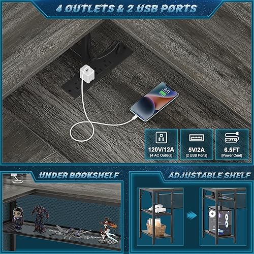 Miniatura 4 de Unikito Escritorio de computadora en forma de L, escritorio de oficina reversible con tira de luz inteligente y tomas de corriente mágicas, mesa