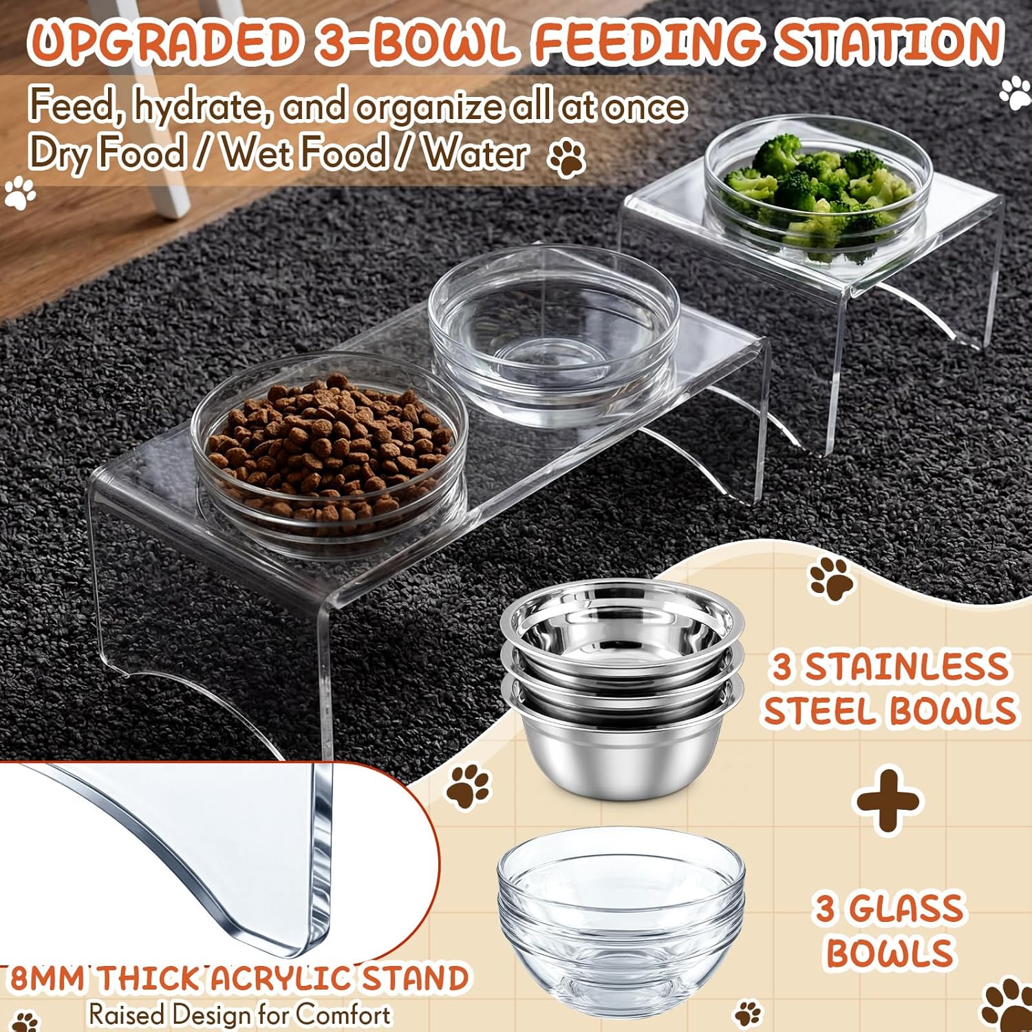 Raised Dog Bowl Stand, 3 Bowl Elevated Dog Feeder for Medium Dogs, Clear Acrylic Modern Feeding Station with 6 Bowls (Glass & Stainless Steel), Non Slip, Supports Better Digestion
