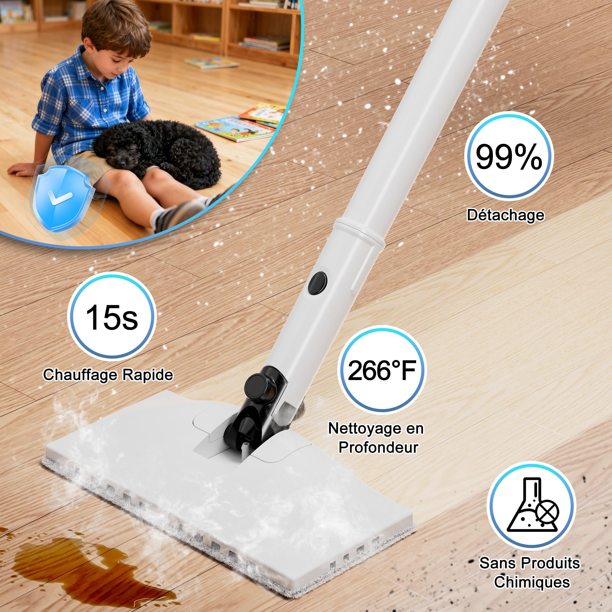 Nettoyeur Vapeur, Balais Vapeur Multifonction 8 en 1, 1500W, Élimine 99,9% des virus et bactéries, Steam Cleaner ECO Sans Détergents, Nettoyeur Vitre, Nettoyeur Vapeur Canapé