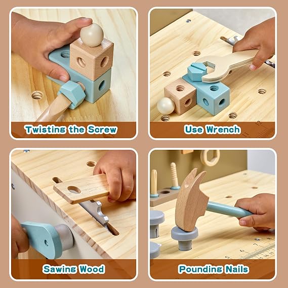 Toywoo Kids Tool Set,Wooden Tools Bench with Apron Toddler Toy Workbench With Realistic Tools Electric Drill STEM Construction Toy Gifts for Age 3-9 Boys Girls