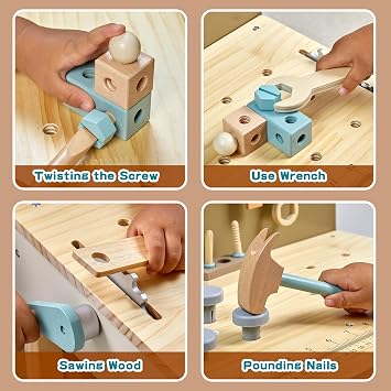 Toywoo Kids Tool Set,Wooden Tools Bench with Apron Toddler Toy Workbench With Realistic Tools Electric Drill STEM Construction Toy Gifts for Age 3-9 Boys Girls