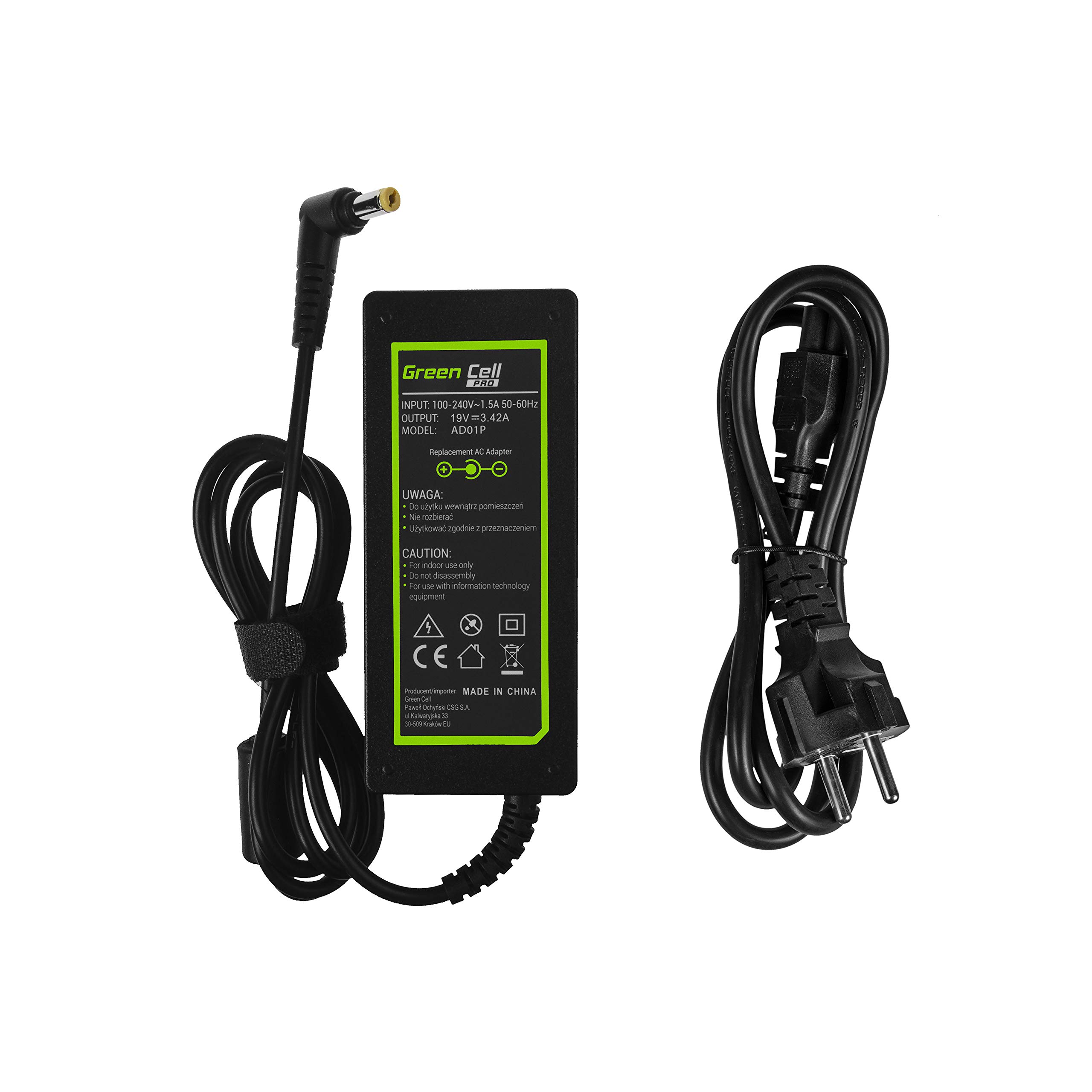 GC PRO Caricabatterie 65W Per Acer TravelMate P257/P273/P453/P455/P633 - Alimentatore 19V 3.42A Con Spina Tonda