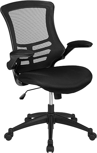 Miniatura 24 de Flash Furniture Kelista Silla de oficina ergonómica giratoria de malla roja con respaldo medio, brazos abatibles Malla roja,Piel negra
