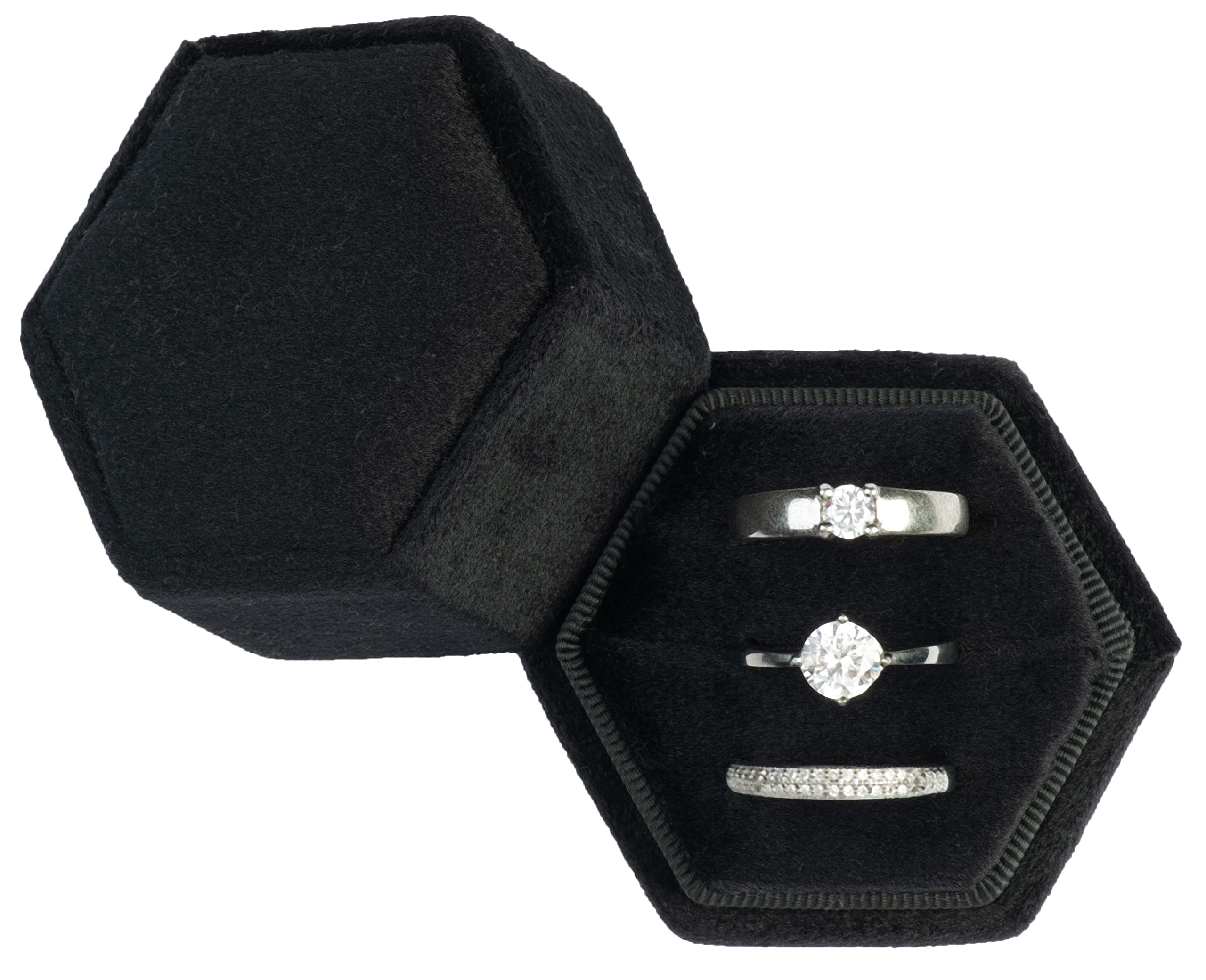 Giftop Equal Hexagon Velvet Ring Box Storage 3 Slots for Wedding Ceremony Proposal Engagement Birthday (Black)