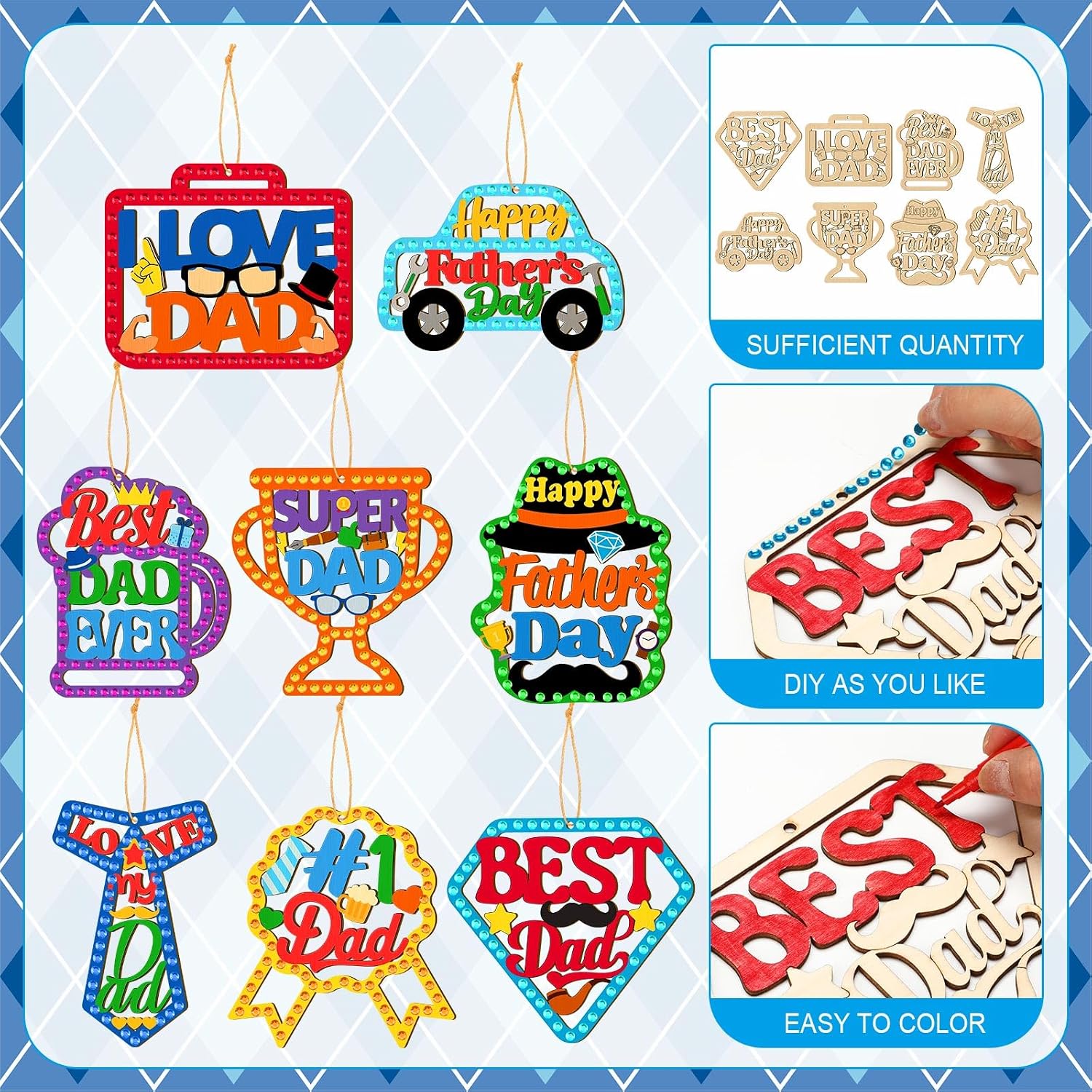 Wovnet 48 Pcs Father's Day Craft Kits Make You Own Father's Day Wood Craft Kit DIY Coloring Wooden Art and Crafts with Gem Stickers for Dad's Birthday Gifts Party Decoration Hanging Ornaments