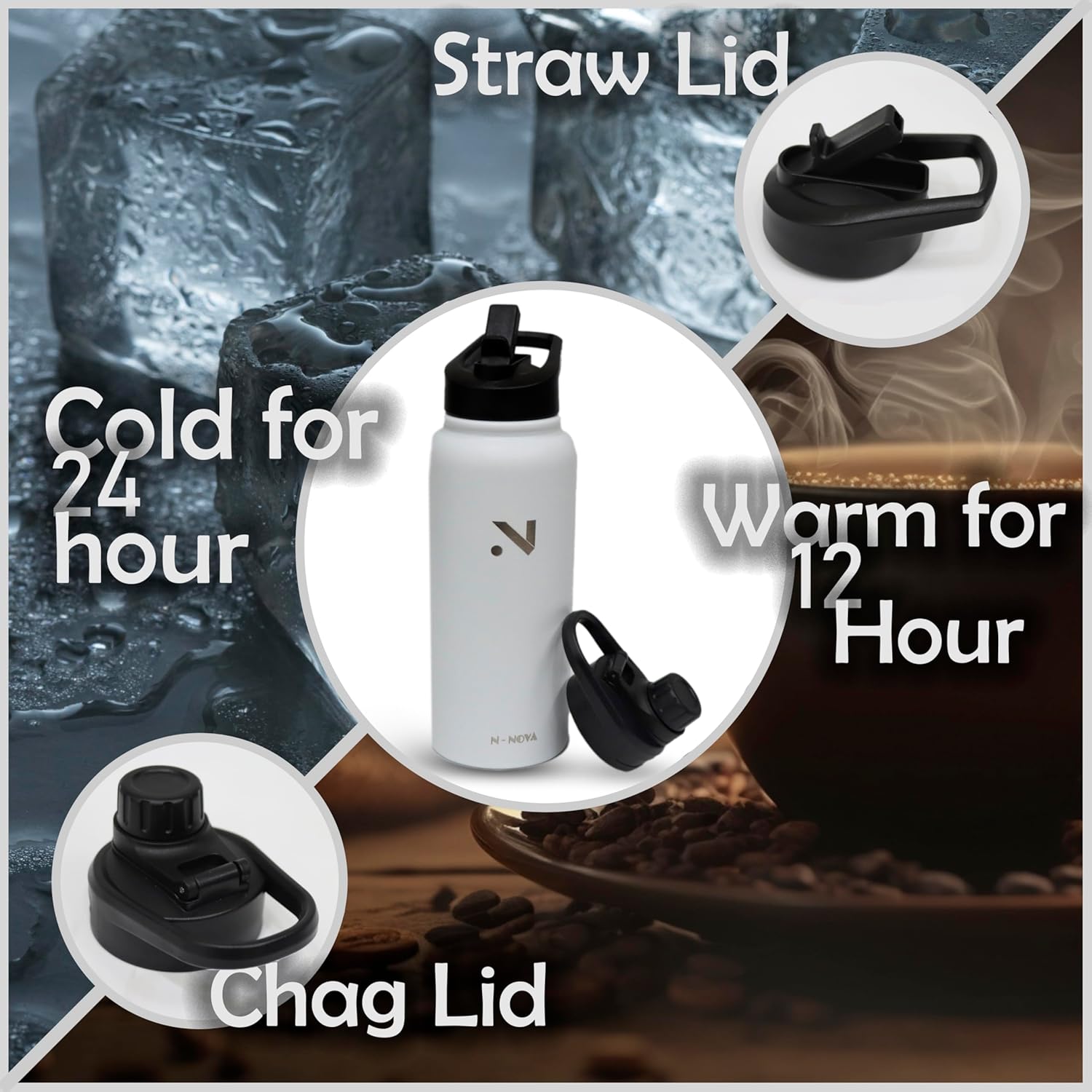 N-NOVA-32oz Stainless Steel Water Bottle–Premium Insulated,Keep warm and cold for long, Leak-Proof, Durable Design with Two Lids – Black & White – Ideal for Sports, Outdoors, and Everyday Use (white) - Image 4
