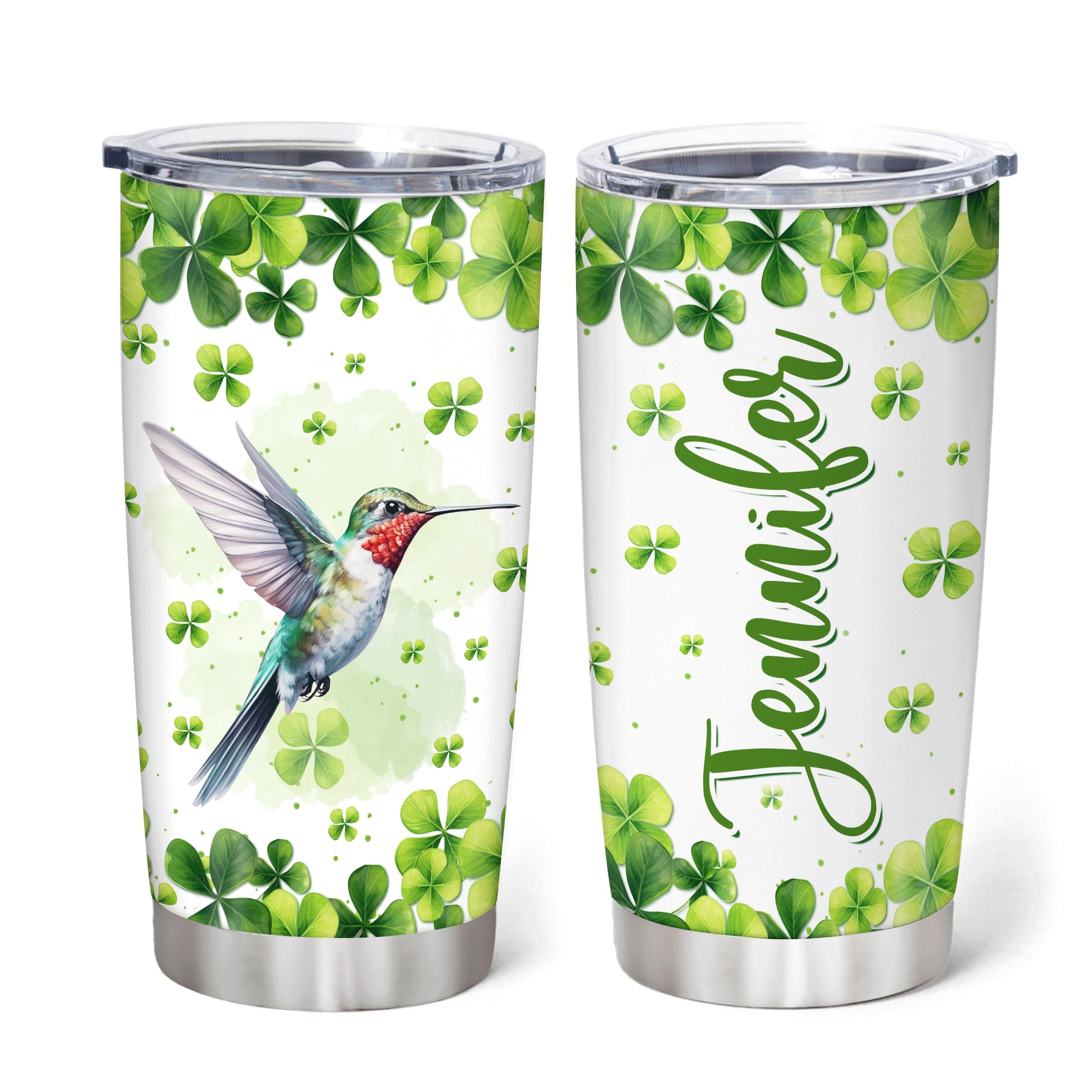 Hyturtle Personalized Gifts Hummingbird Lover - With Lucky Four Leaf Clover Custom Name Coffee Tumbler Cup Stainless Steel 20oz, Animal Lover Gifts For Women, Girl On Birthday, St Patricks Day