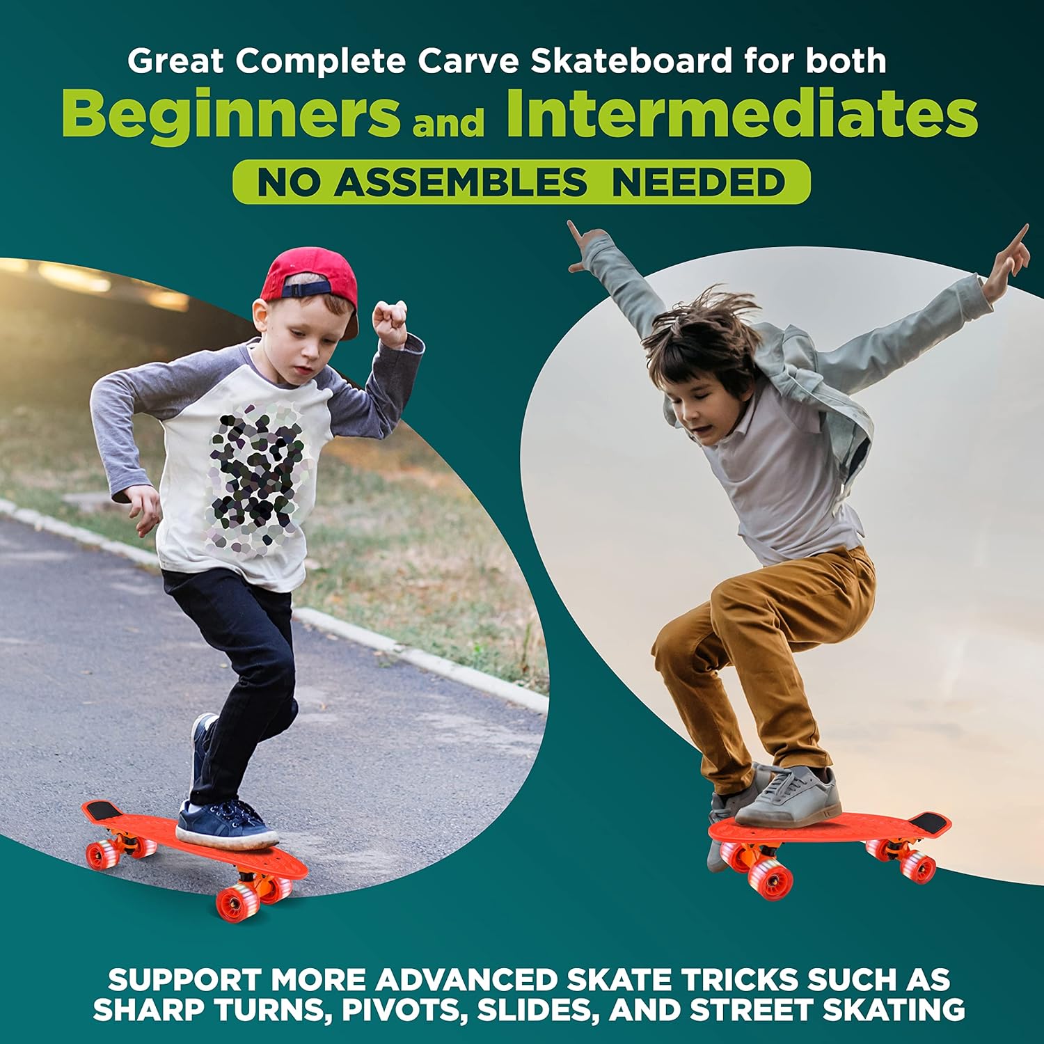 Hurtle Standard Skateboard Mini Cruiser - 6'' PP Deck Complete Double Kick Skate Board w/ 3.25" Aluminum Alloy Truck, PU Wheels w/LED Light - for Kids, Teens, Adults (Red),One Size,HCSK182 : Sports & Outdoors