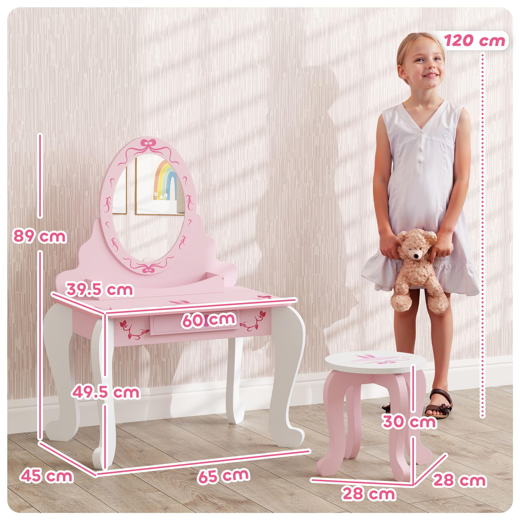 AIYAPLAY, set tavolo da toeletta per bambini, tavolo da toeletta a due pezzi con sgabello, specchio, cassetto, spazio di archiviazione sul desktop, tema del balletto, tavolo da trucco per ragazze