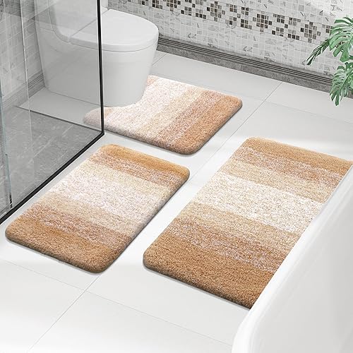 Miniatura 7 de OLANLY Juego de 2 alfombras de baño de lujo, juego de alfombras de baño de microfibra suave y absorbente, alfombras de baño antideslizantes a rayas,