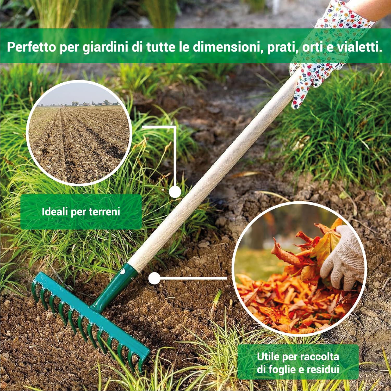 Crisalide®-RASTRELLO da GIARDINO + MANICO IN LEGNO DI FAGGIO (150cm TIPO BOSCH-I), PER USO HOBBISTICO E PROFESSIONALE, MADE IN ITALY