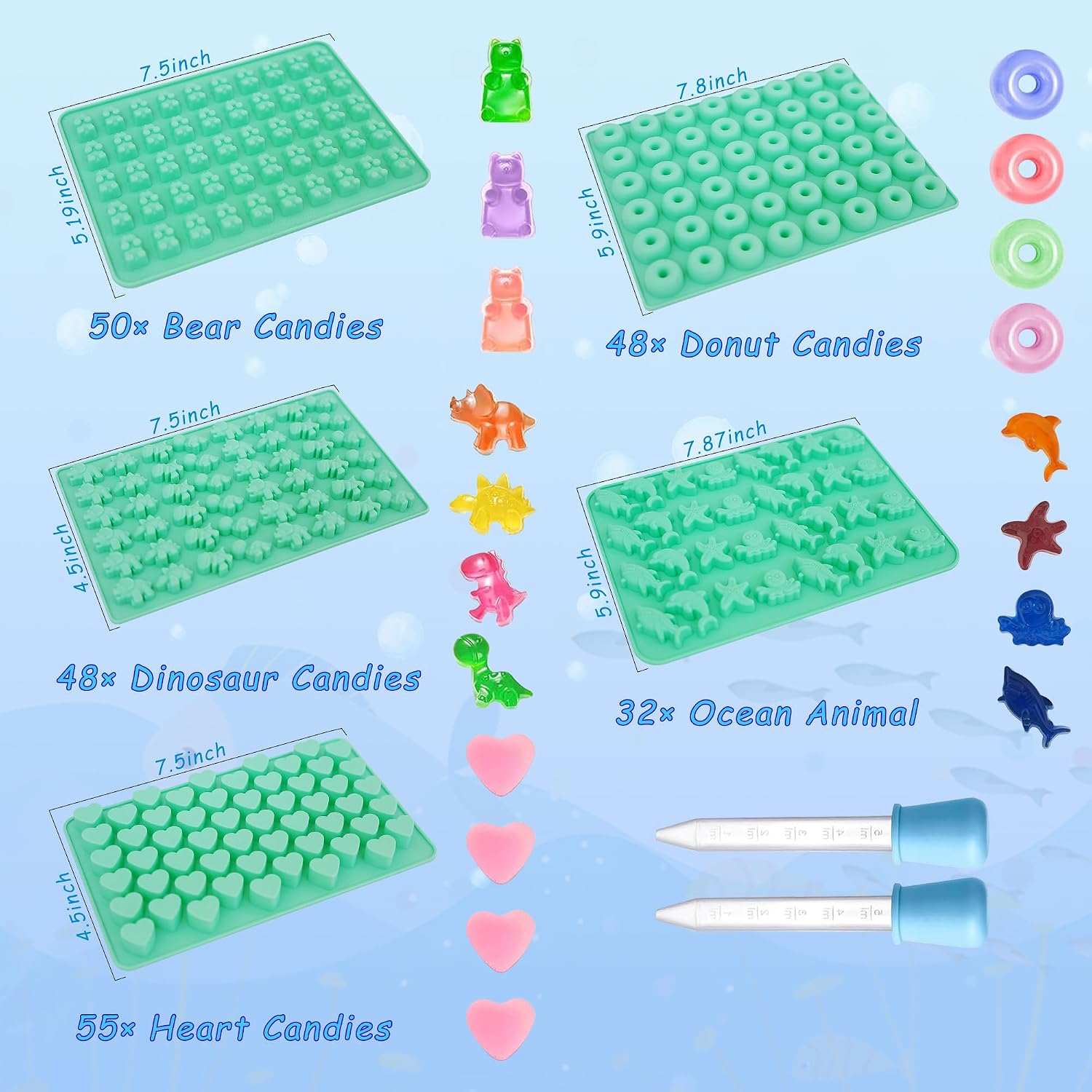 Zorazio 7Pcs Gummy Bear Molds Silicone, Nonstick Ocean Animals Gummy Molds Includes Bear, Starfish, Dolphins, Octopus, Gummy Candy Chocolate Molds with 2 Droppers for Convenient Filling image 2