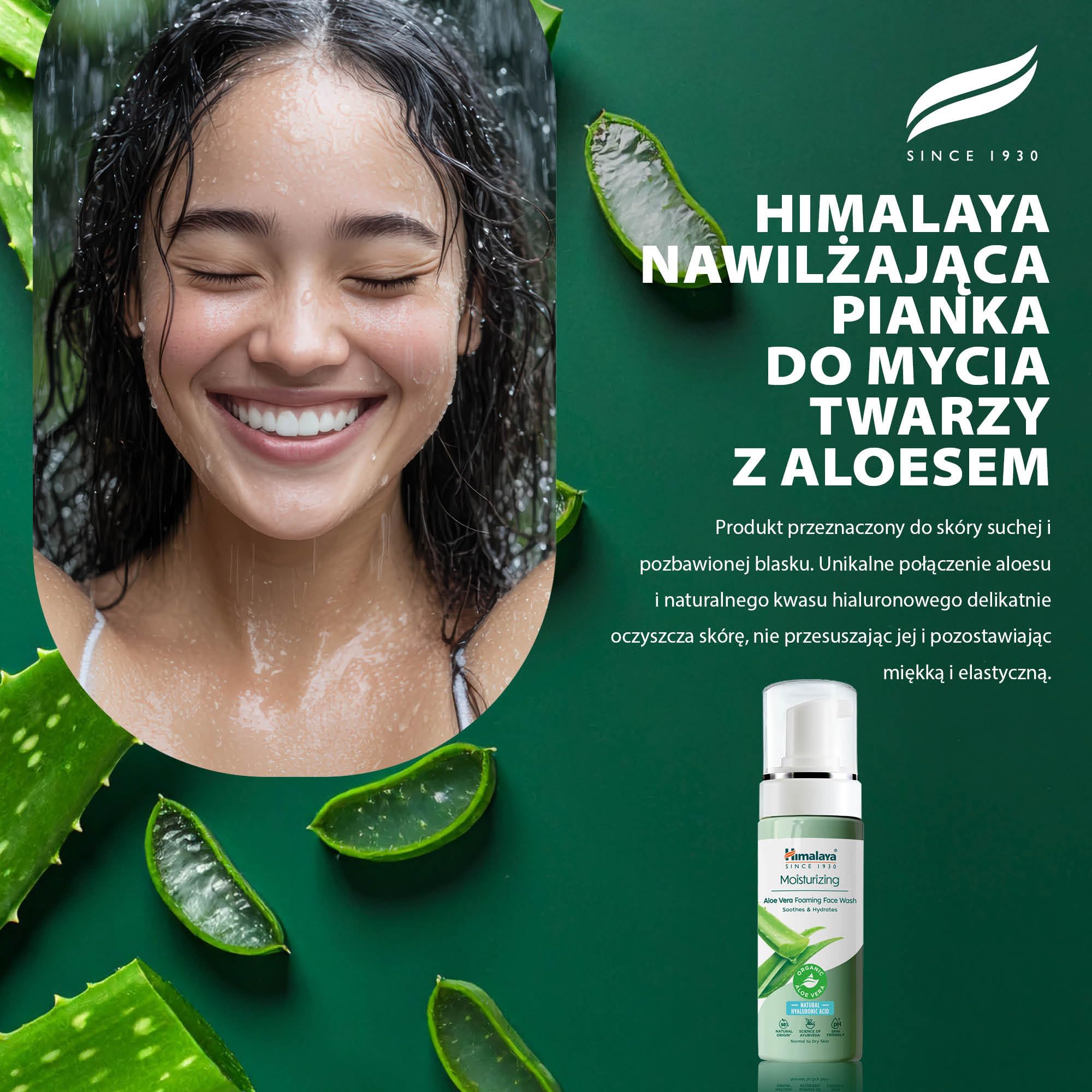 Himalaya Nawilżająca Pianka do Mycia Twarzy z Aloesem Ekologicznym i Naturalnym Kwasem Hialuronowym, do suchej i matowej skóry, 98% składników pochodzenia naturalnego, 150 ml