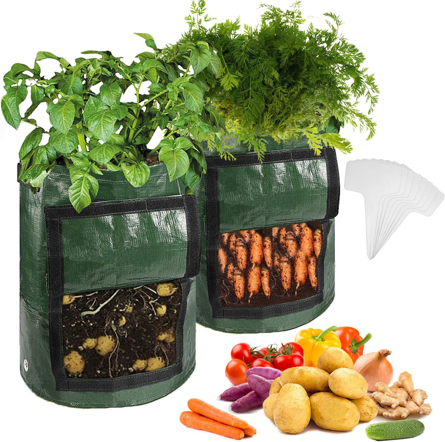 2-Pack 10 Gallon Potato Grow Bags - Plant Growing Bags w/Drainage Holes & Access Flap & Handles, Garden Bag Plant Pot for Grow Vegetables, Plant Bags Fabric Pots w/4Pcs Plant Labels