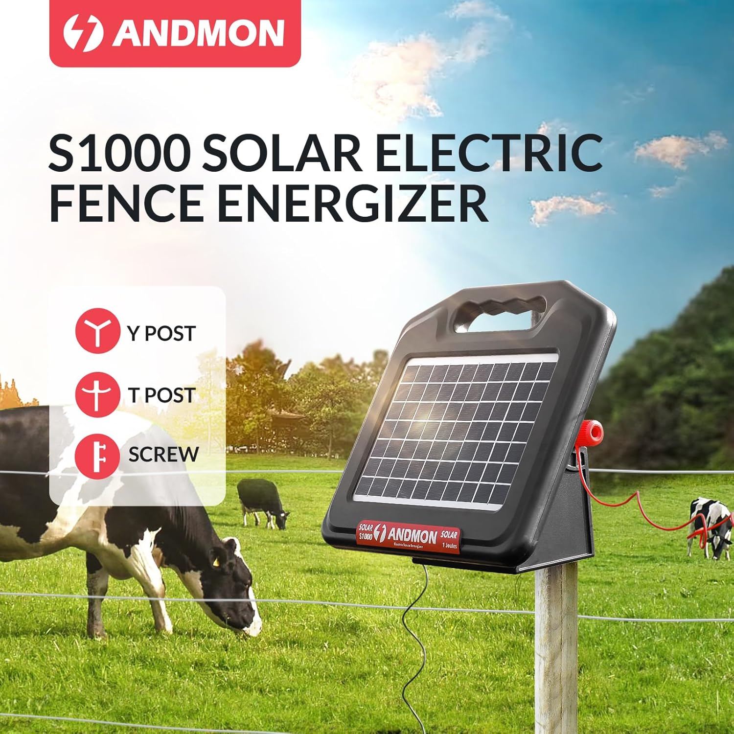 S1000 1 Joule Solar Fence Charger, 40 Miles Solar Electric Fence Charger for Livestock, Horses, Cattle Sheep, Portable and Super Tough