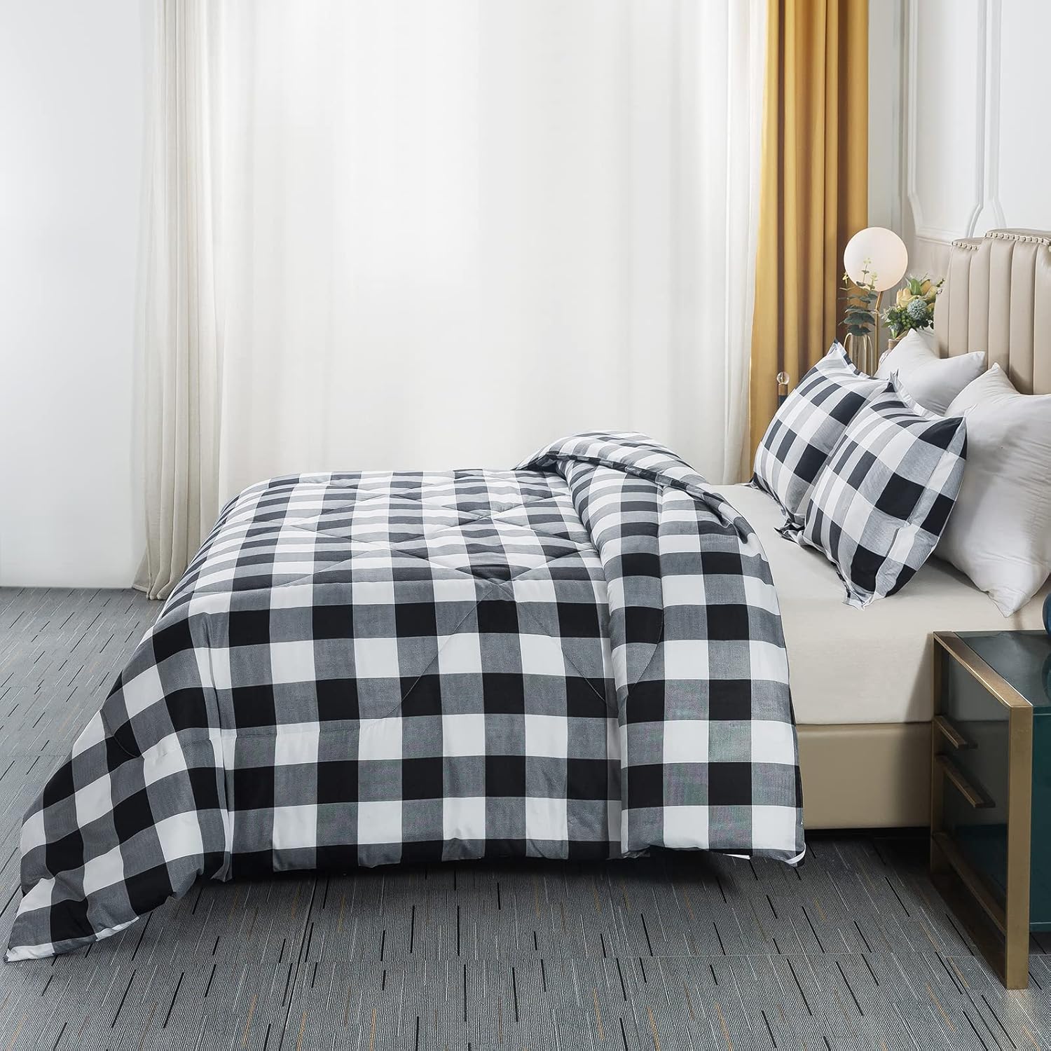 Caressma Buffalo Plaid Comforter Set Full Size, Black White Plaid Comforter Bedding Set for All Seasons, Classic Gingham Pattern Print Soft Microfiber 3 Pieces Comforter with Pillowshams