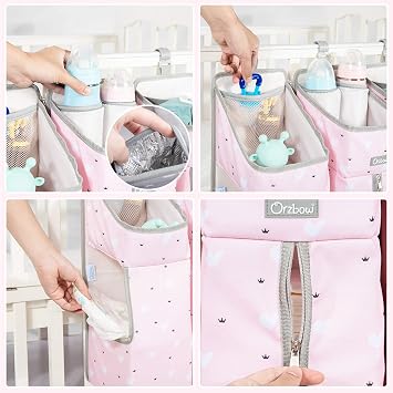 Orzbow 3-in-1 Hanging Diaper Caddy Organizer for Changing Table, Nursery Organization and Diaper Stacker for Crib Wall, Removable Diaper Organizer for Baby Girl Essentials, Pink