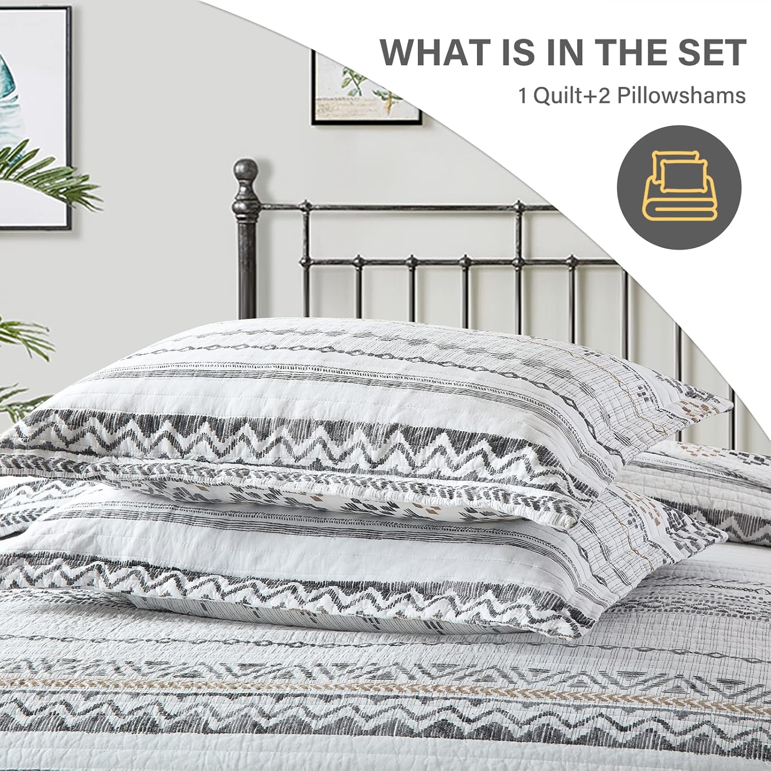 SahSahCasa Quilt King Size, Set, 100% Cotton Boho Quilt, Bedding Set Bedspreads, Bohemian Reversible Lightweight Striped Quilts Bedspread for All Season, White/Grey, 3 Pieces - Image 6