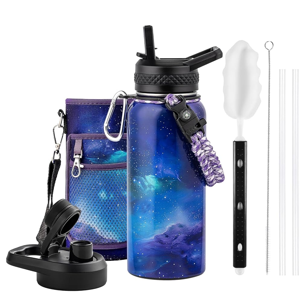 RAYMYLO 32oz Insulated Water Bottle, Triple Wall Vacuum Stainless Steel Water Bottles - Keeps Cold 48H, Reusable Metal water flask Jug for Gym, Sports, Camping, Hiking,Travel, Aurora-Purple