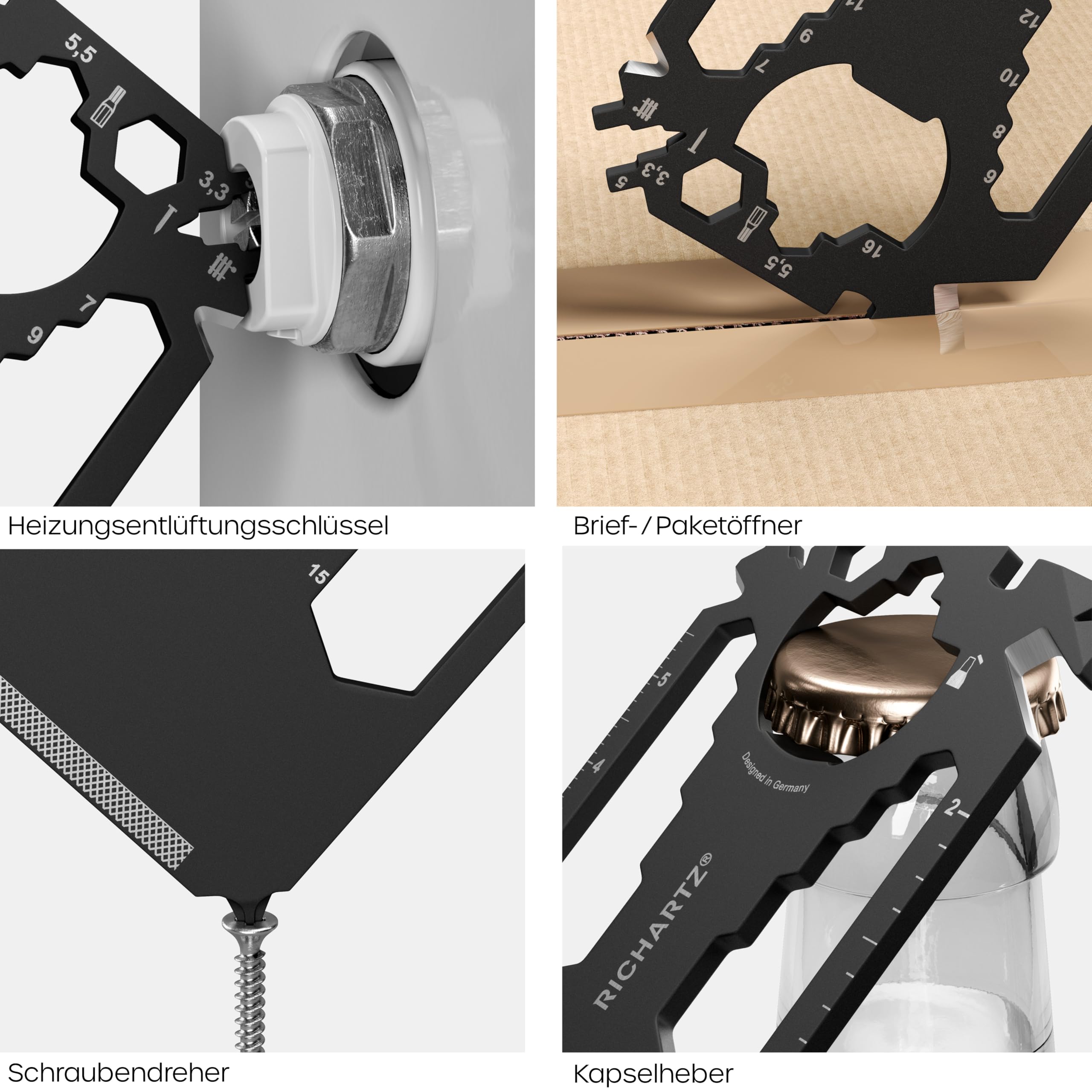 Richartz Pocket Card 28+ – Portachiavi Multiuso In Acciaio Inox Nero – 28 Funzioni: Cacciavite, Apribottiglie, Chiavi Esagonali E Altro