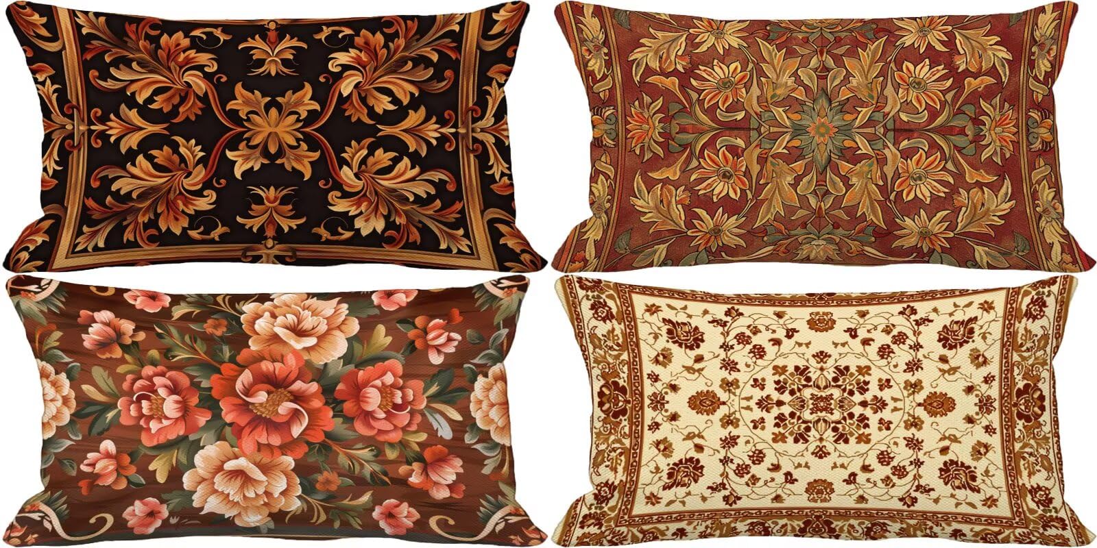 Kissenbezug 40x80 cm 4er Set, Retro Kissenbezug Blume Muster mit Unsichtbarem Reißverschluss Design, Rechteck Outdoor Kissen Wetterfest Linen Doppelseitig Dekokissen für Home Zimmer Deko Aesthetic E-6