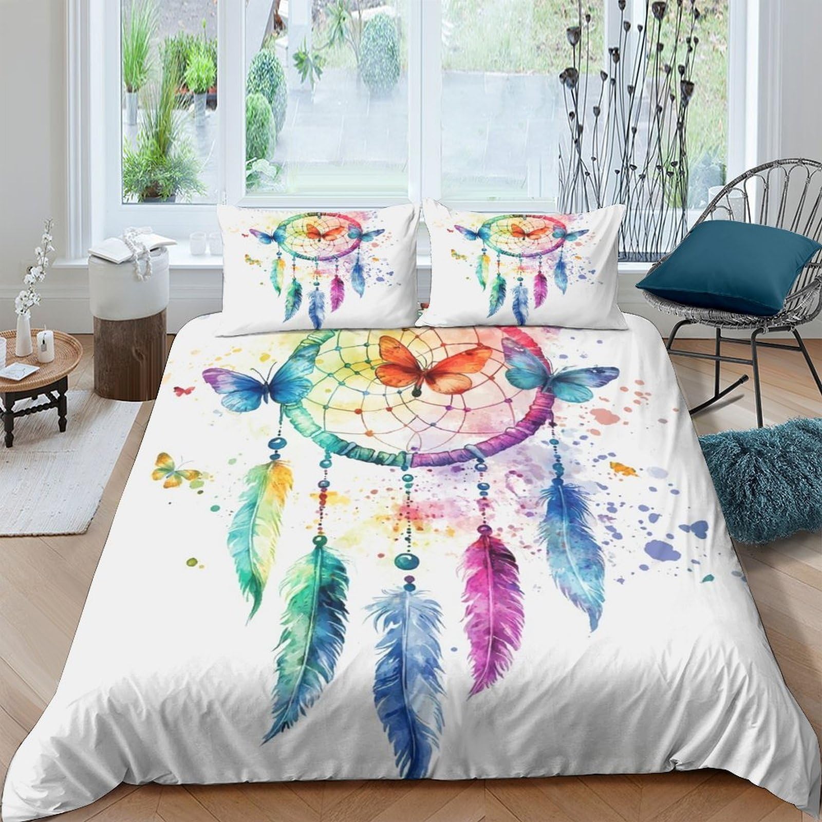 Ctjqhvkz Style-4 3D Printed Dreamcatcher Fitted Sheet Microfiber Soft Boho Watercolor Feather Mattress Cover For Bedroom Dorm Decor Single（135X200cm）