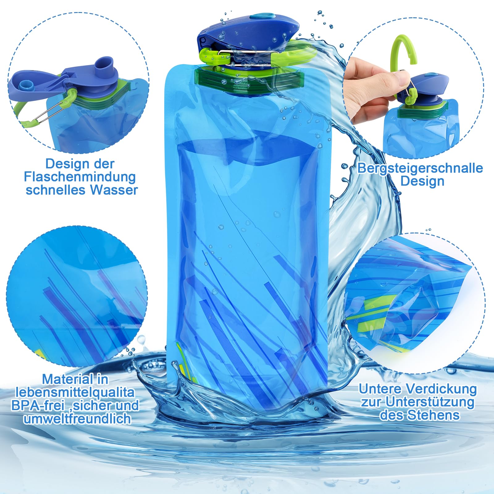 LEMONSTONE Zestaw 3 składanych butelek na wodę o pojemności 700 ml, wielokrotnego użytku, bez BPA, z klipsem, do wędrówek, przygód, podróży, kolor czarny, niebieski, czerwony