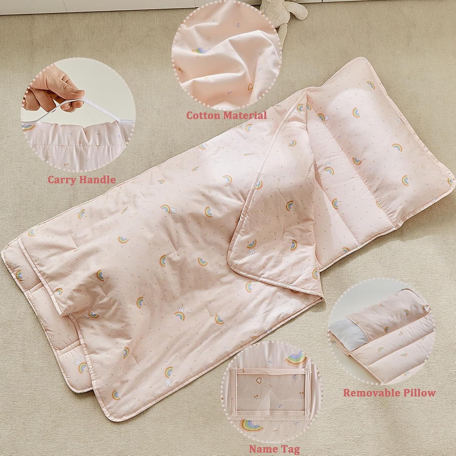 DuShow Cotton Toddler Nap Mat with Pillow and Blanket,Extra Large Rolled Napping Mats,Slumber Bags for Boys Girls,Kids Sleeping Mat for Daycare,Preschool Kindergarten-Pink Rainbow - Image 4