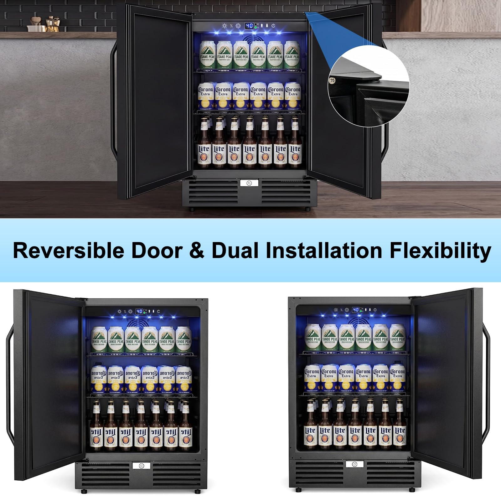 Velieta 24 Inch Beverage Refrigerator–210 Can Large Capacity Beverage Fridge With French Door, Built-In Or Freestanding Under Counter Outdoor Beverage Cooler With Reversible Door, Black on Fridge.com - View 6