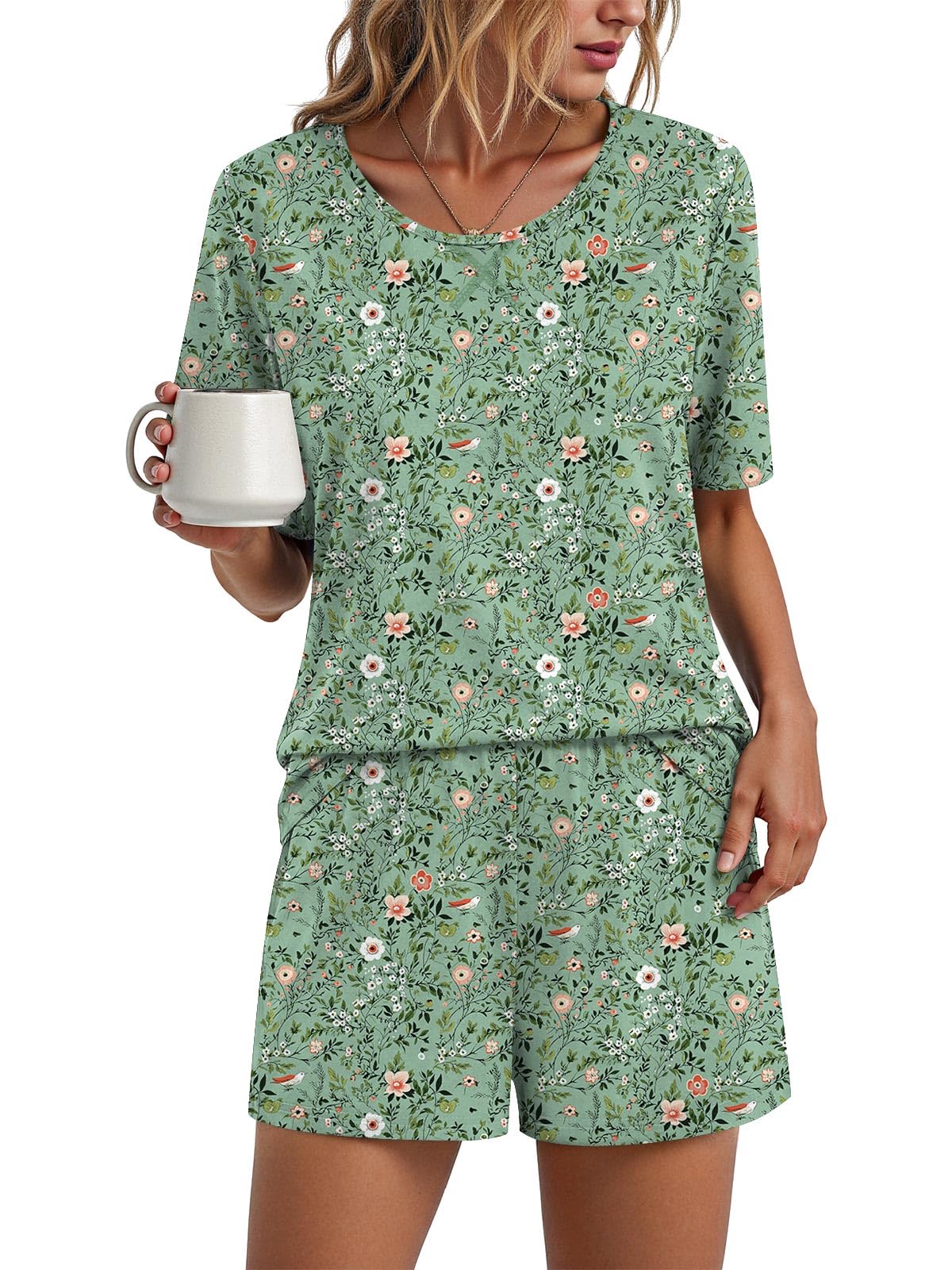 Findsweet Pajama Set for Women 2 Piece Lounge Set Soft Sleepwear Summer Casual Short Pjs Sets with Pockets M-3XL