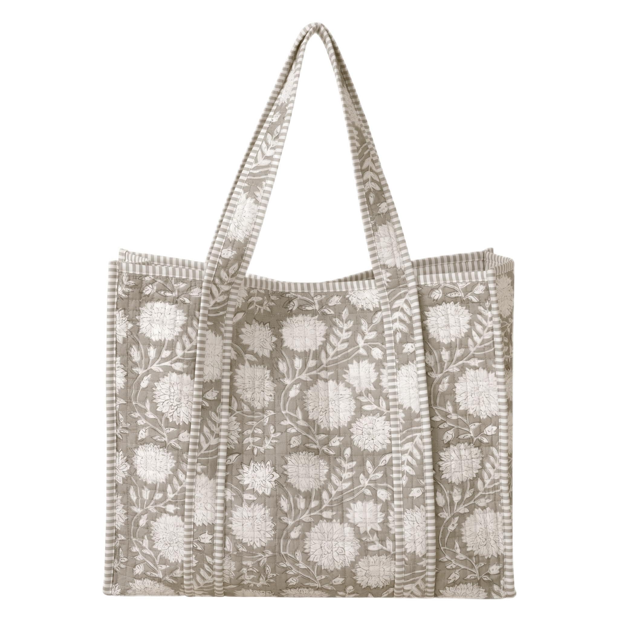 THE ART BOX Reusable Quilted Grocery Bag With Inner Pockets – Handmade Large Tote Bag for Women Eco-Friendly 100% Cotton Boho Shoulder Bag for Shopping & Travel - Grey