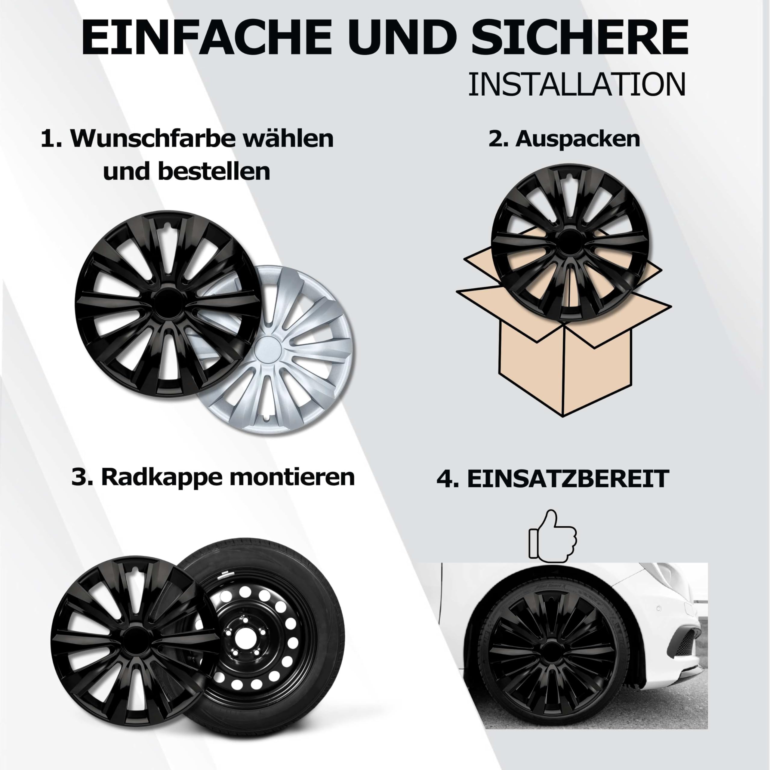 Radkappen 15 Zoll Schwarz Radzierblenden 4er-Set Deltanos für Stahlfelgen | Zierkappen, Radblenden & Felgenabdeckung, rostfrei & witterungsbeständig, einfache Clip-Montage, für die meisten Automarken