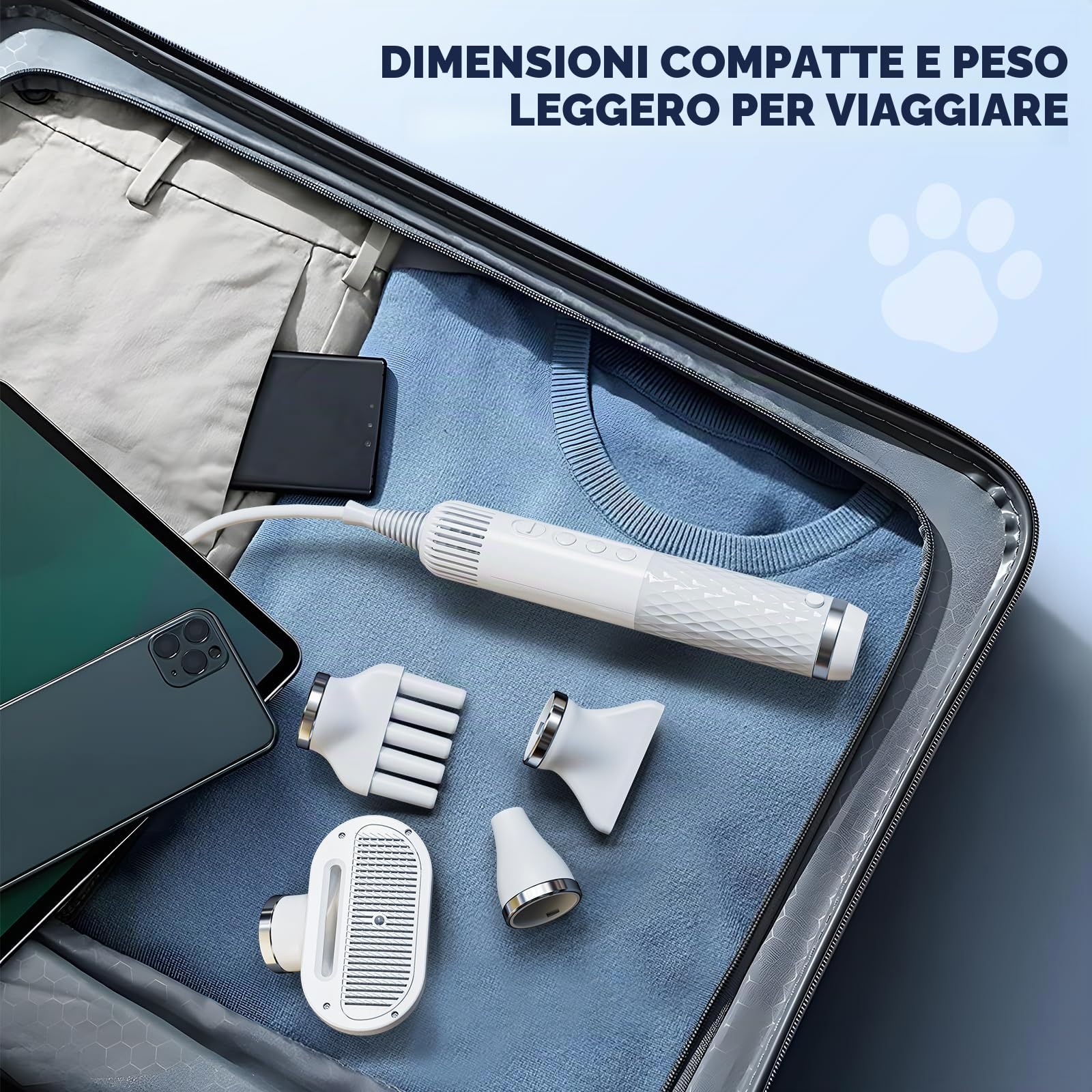 Asciugacapelli Portatile per Cani 4 in 1 con 4 ugelli, asciugacapelli per Animali Domestici con velocità e Temperatura Regolabili per casa, Viaggi e Campeggio