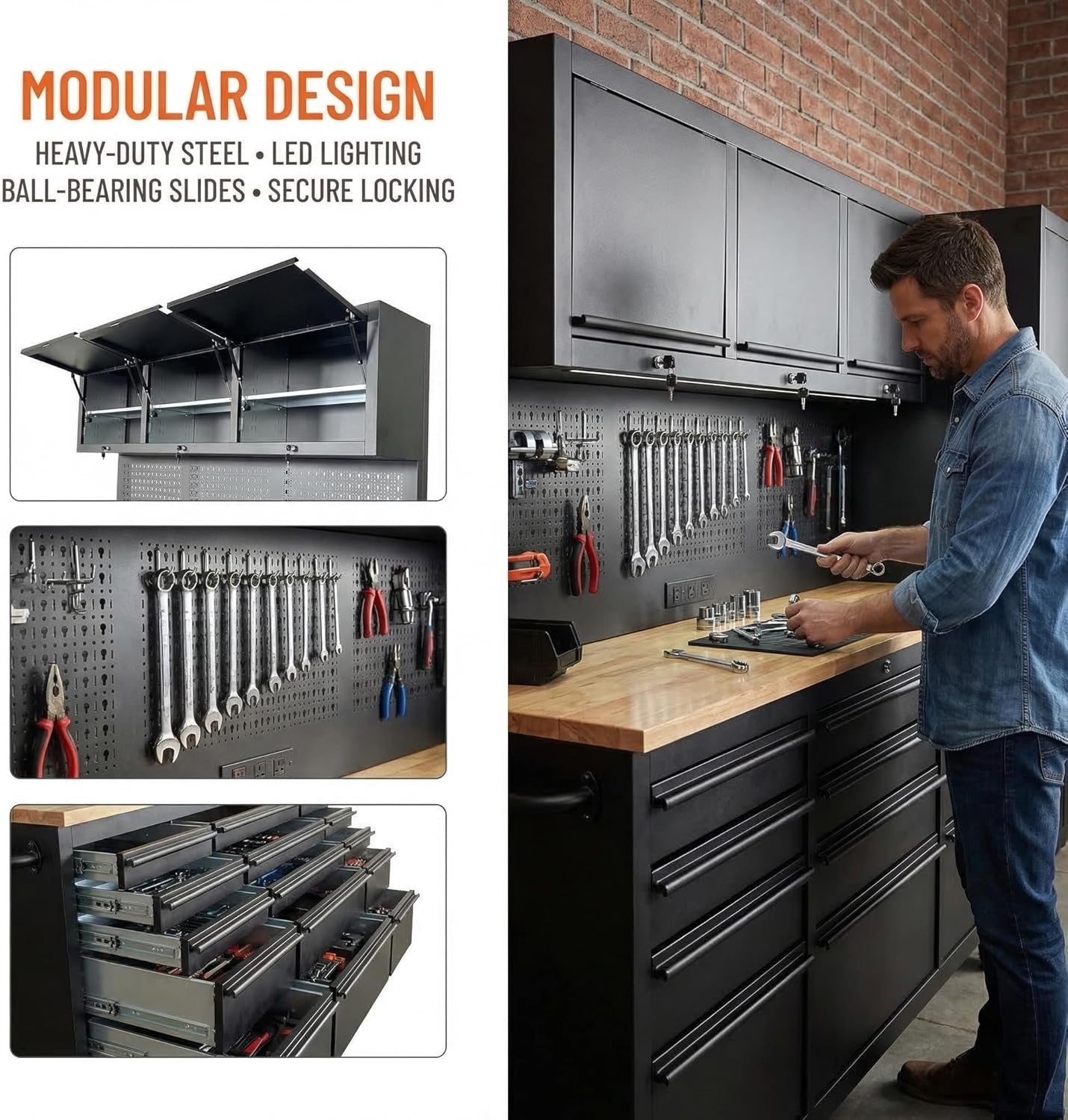 72-inch Heavy-Duty Tool Cart with Power Outlet and Casters, featuring 15 full-extension drawers, a mixed-use hanging panel, and a lockable steel tool storage box—ideal for garages and workshops