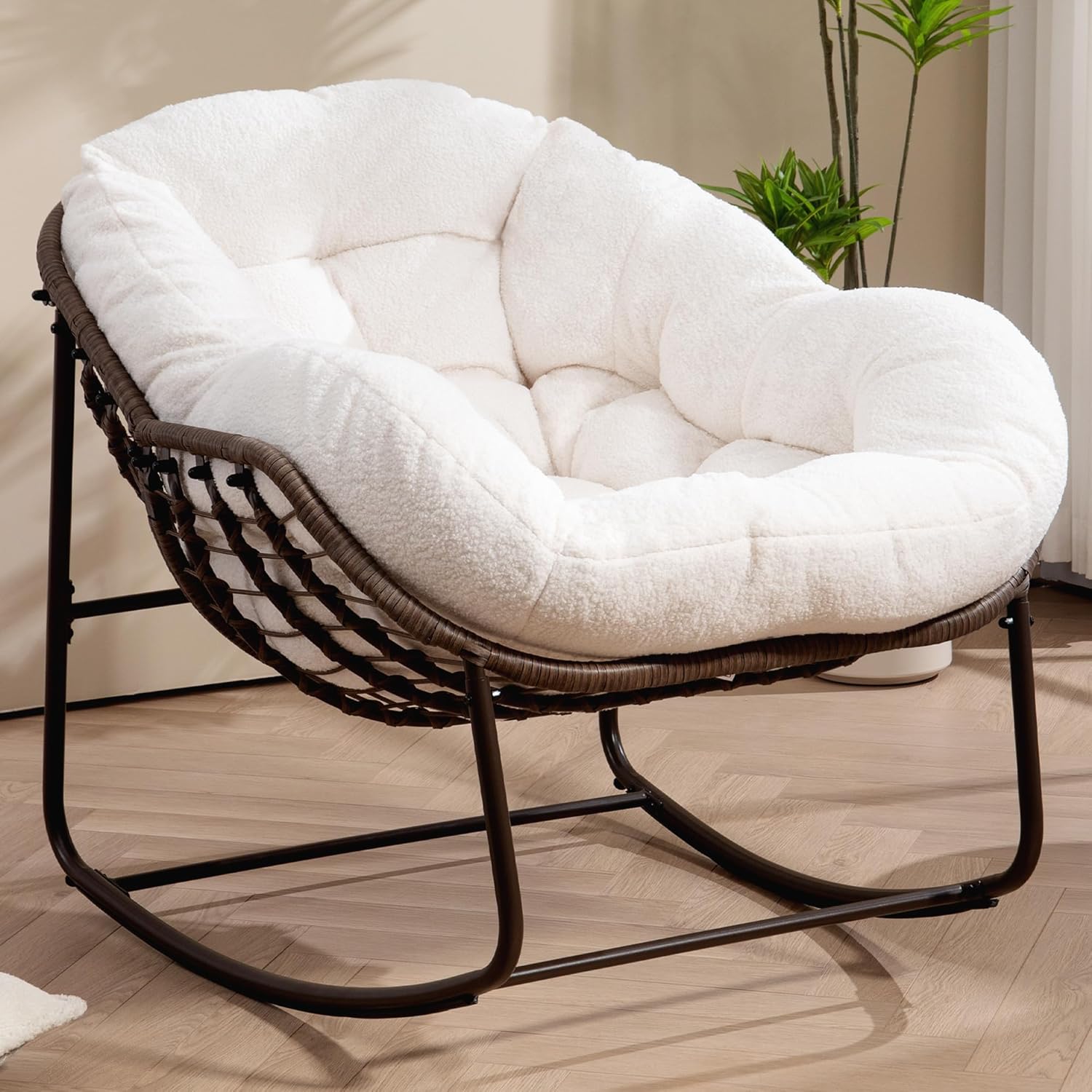 HOMEFUN Outdoor Patio Rocking Chair with Teddy Cushion