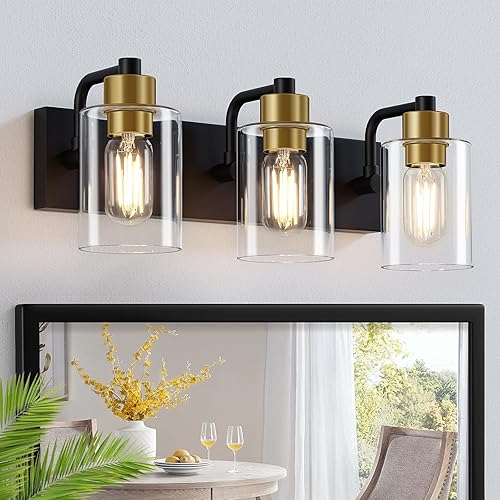 Miniatura 15 de Luces de Baño Negras Mate de 2 Luces Sobre Espejo con Pantalla de Vidrio Transparente, Luminarias Modernas de Baño para Cocina, Sala de Estar, Negro