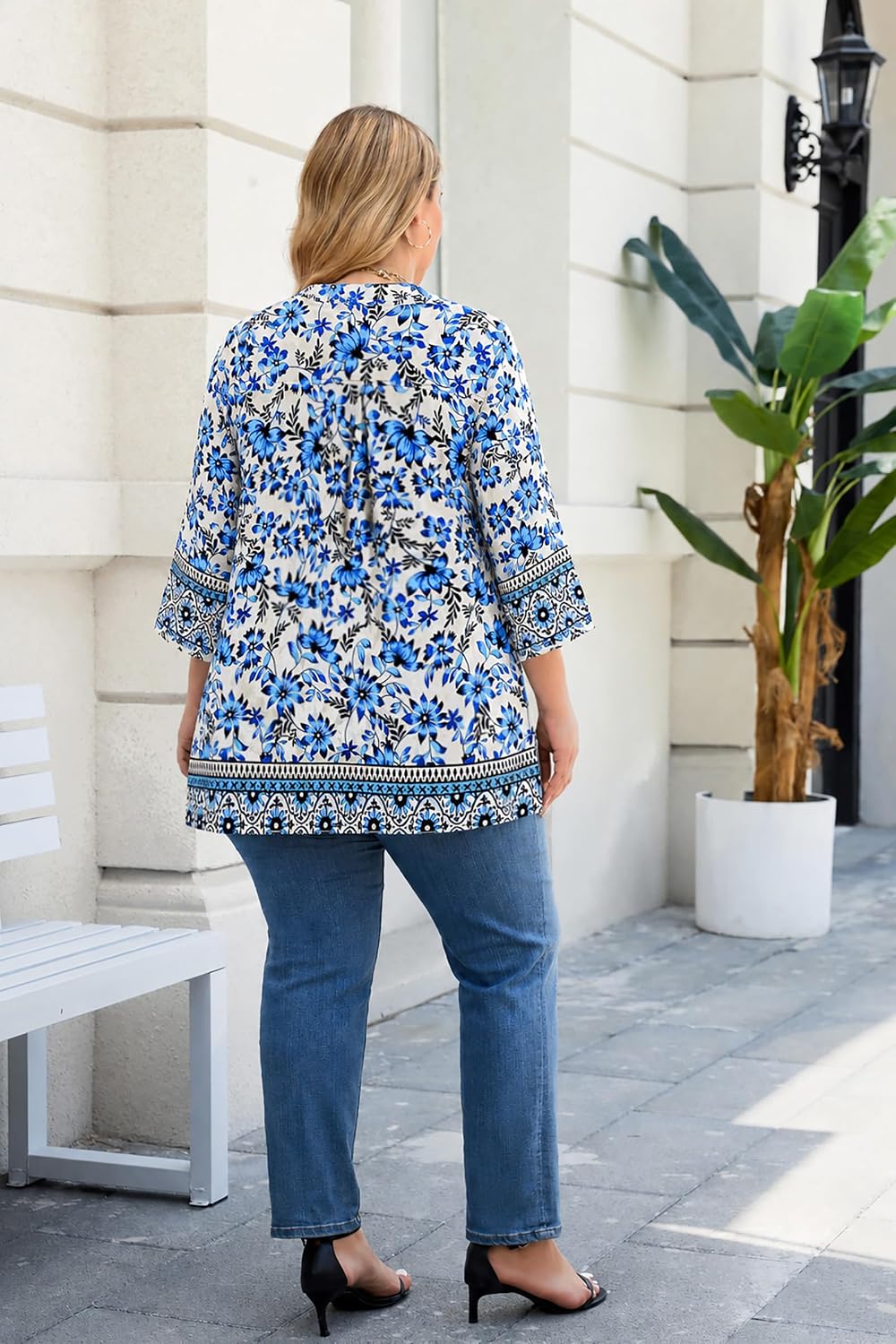 Plus Size Tops 3/4 Sleeve Boho Blouses Dressy Casual V Neck Tunic Loose Fit Floral Peasant Shirts