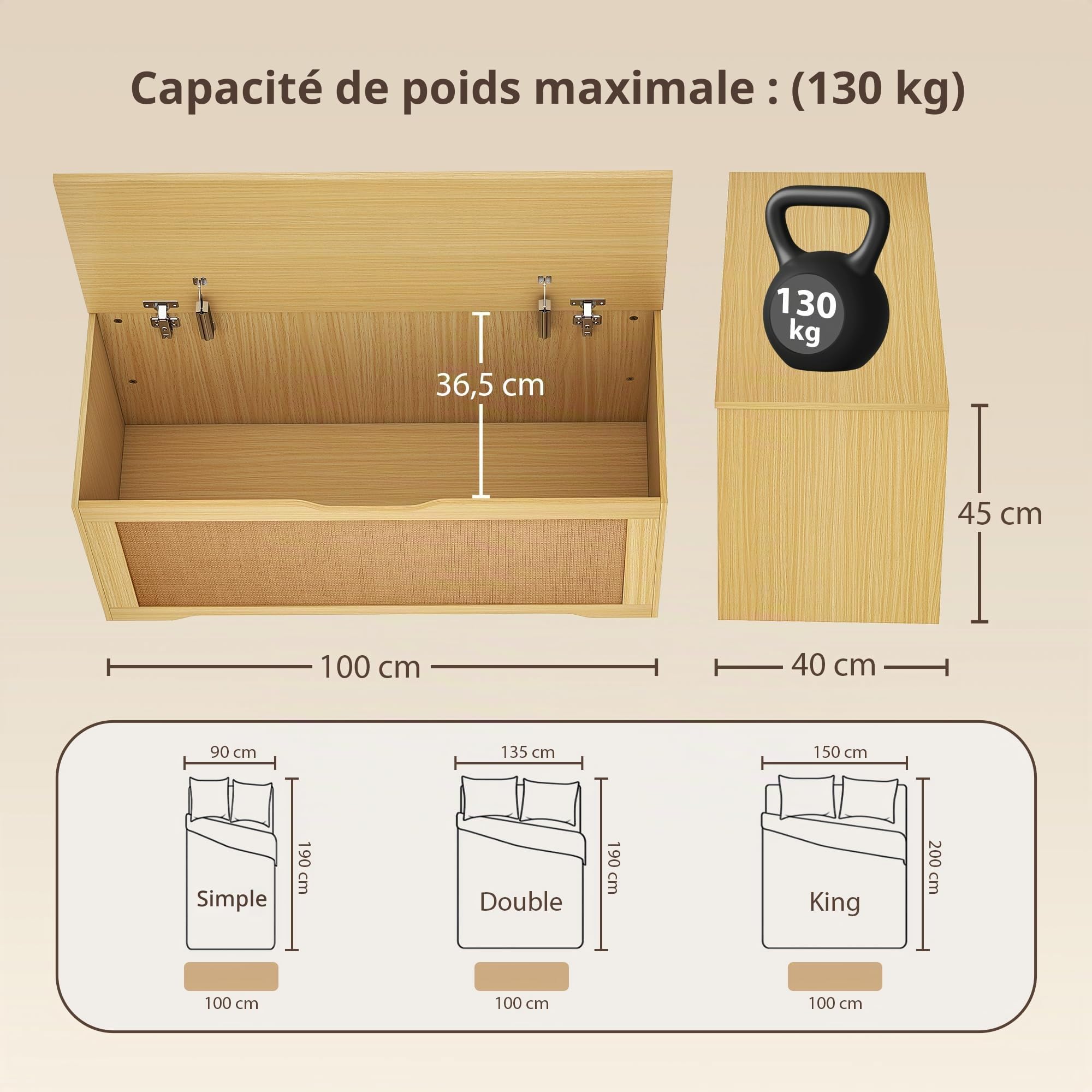 HOMCOM Coffre de Rangement en Rotin 136L Banc Coffre 100x40x45 cm Chêne